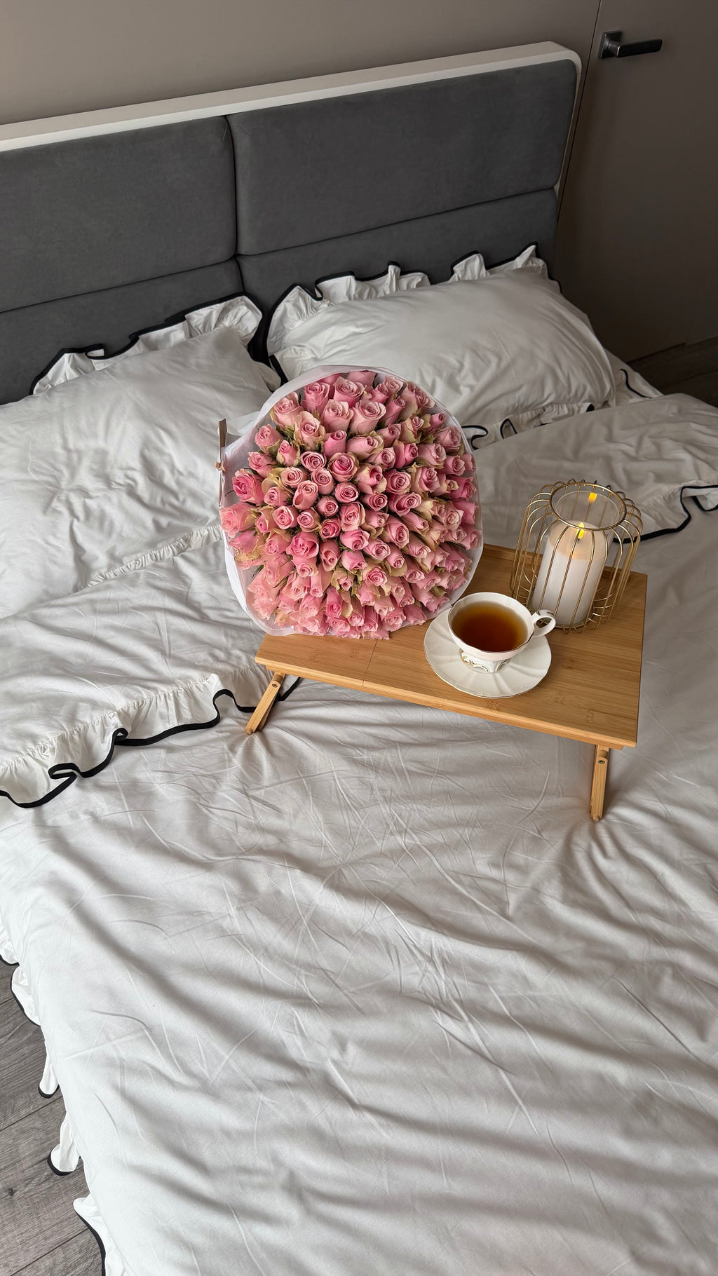 White Ruffle Bedding Set with Black Trim | 100% Cotton | Handmade | Made to Order