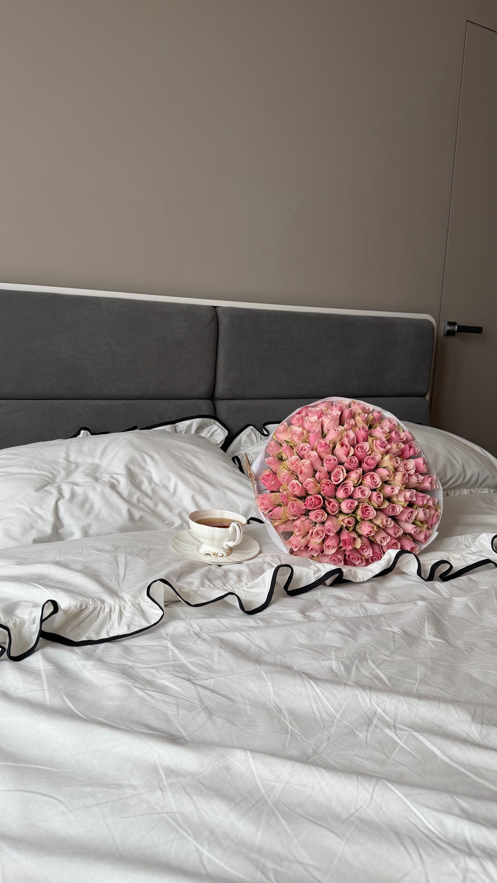 White Ruffle Bedding Set with Black Trim | 100% Cotton | Handmade | Made to Order