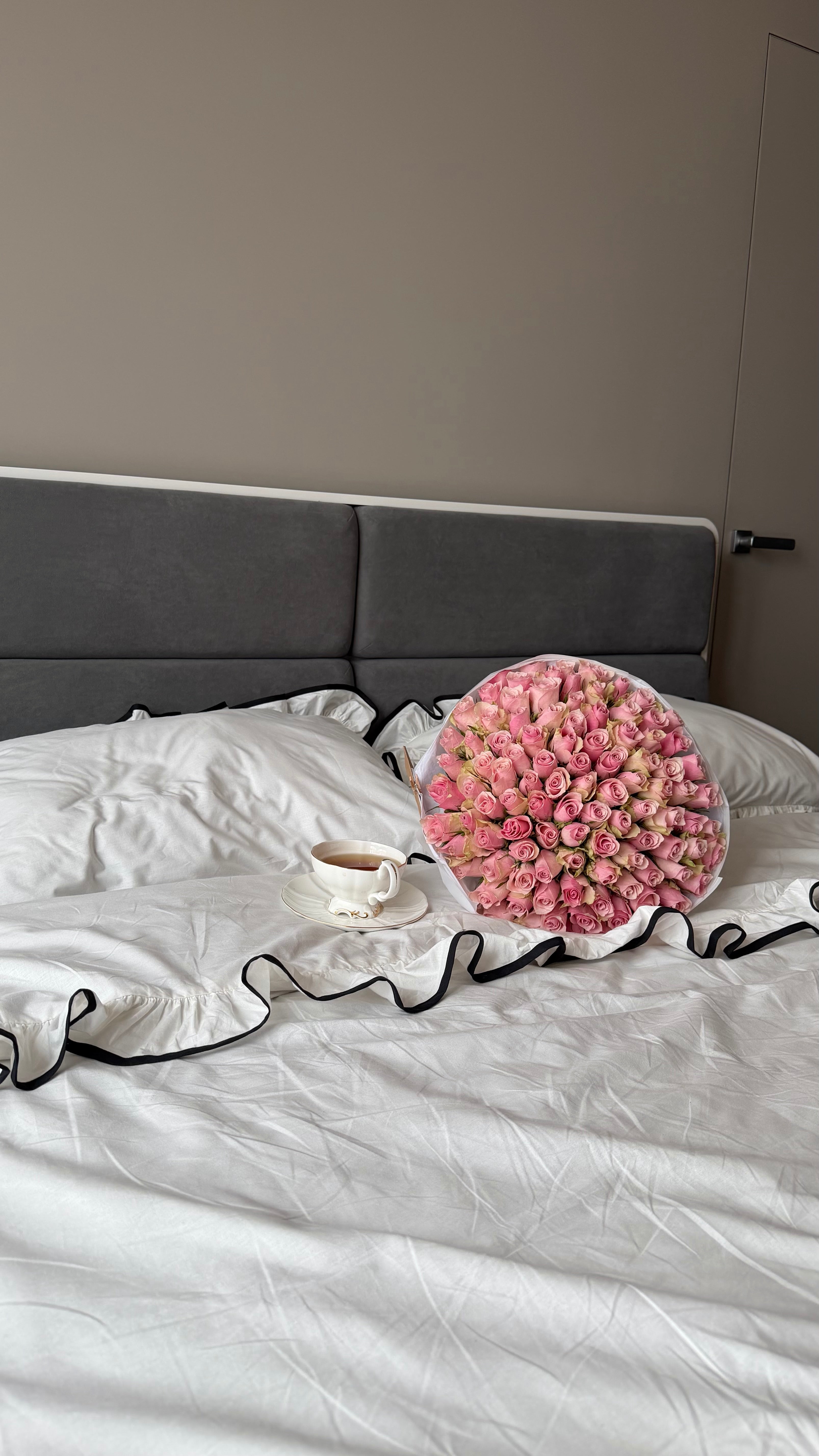 White Ruffle Bedding Set with Black Trim | 100% Cotton | Handmade | Made to Order