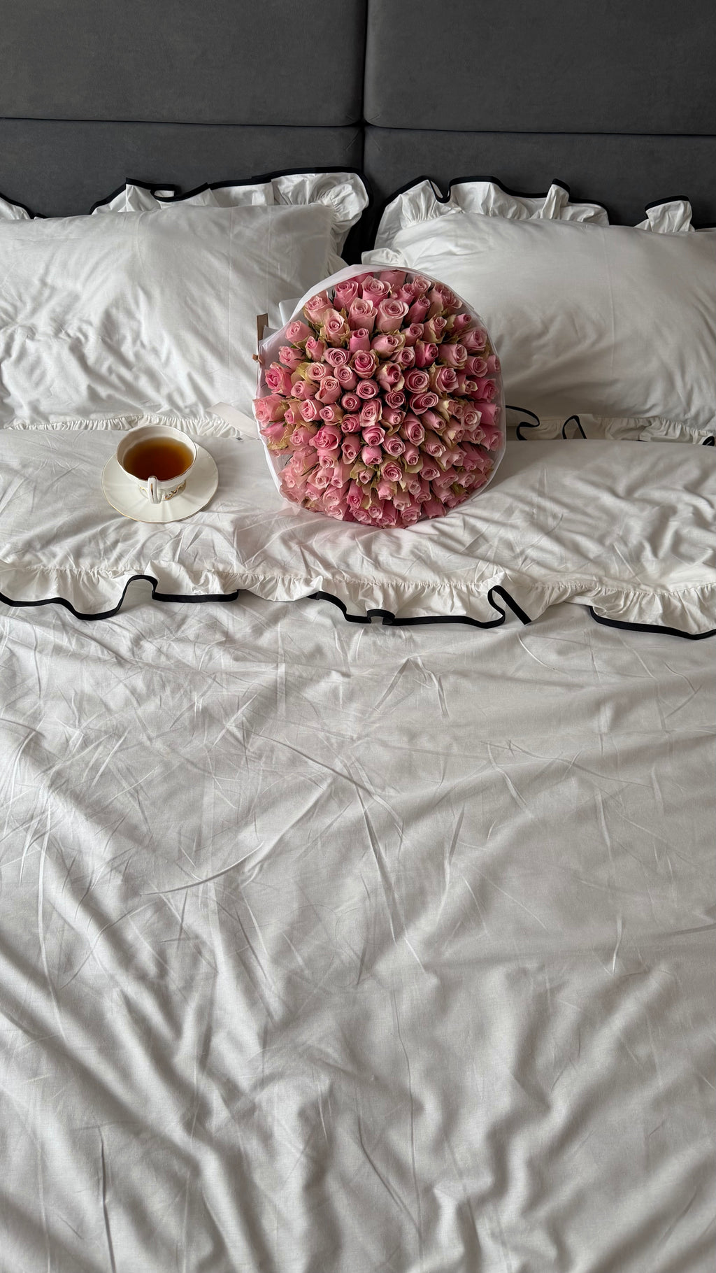 White Ruffle Bedding Set with Black Trim | 100% Cotton | Handmade | Made to Order