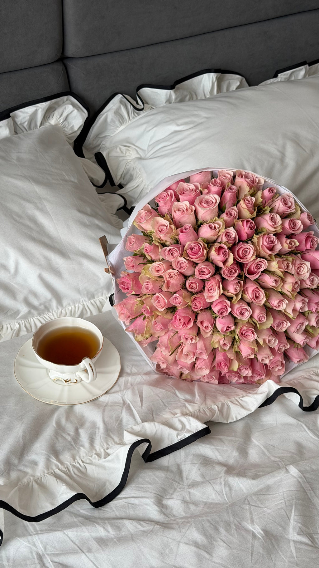 White Ruffle Bedding Set with Black Trim | 100% Cotton | Handmade | Made to Order