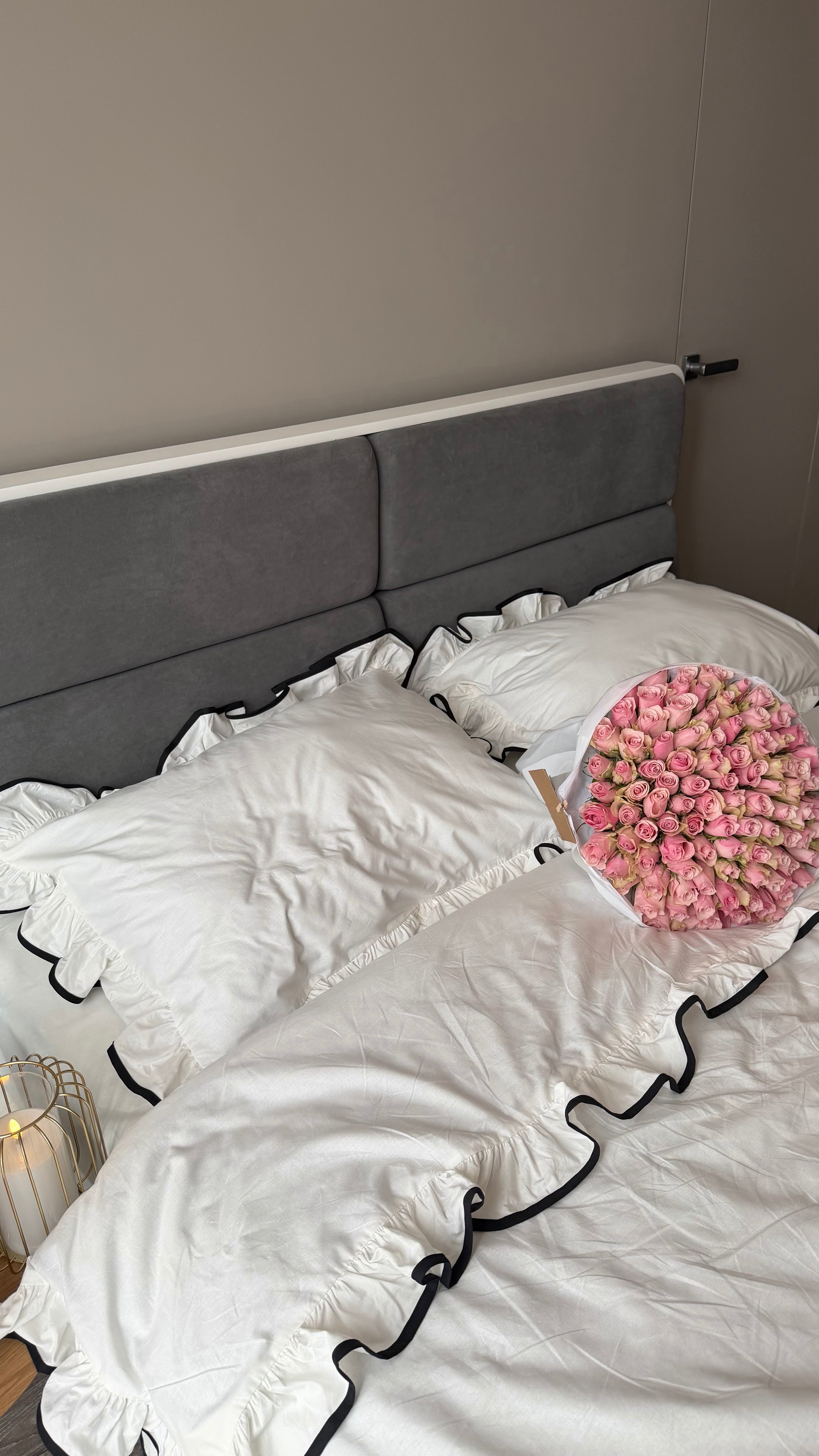 White Ruffle Bedding Set with Black Trim | 100% Cotton | Handmade | Made to Order