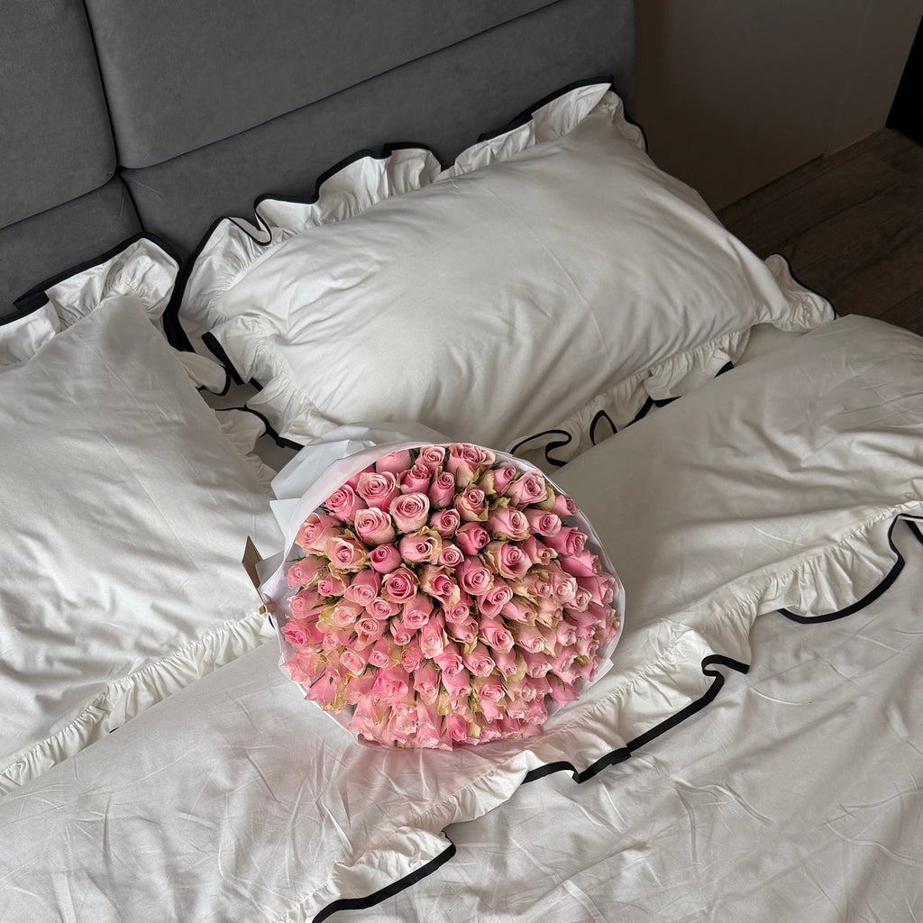 White Ruffle Bedding Set with Black Trim | 100% Cotton | Handmade | Made to Order