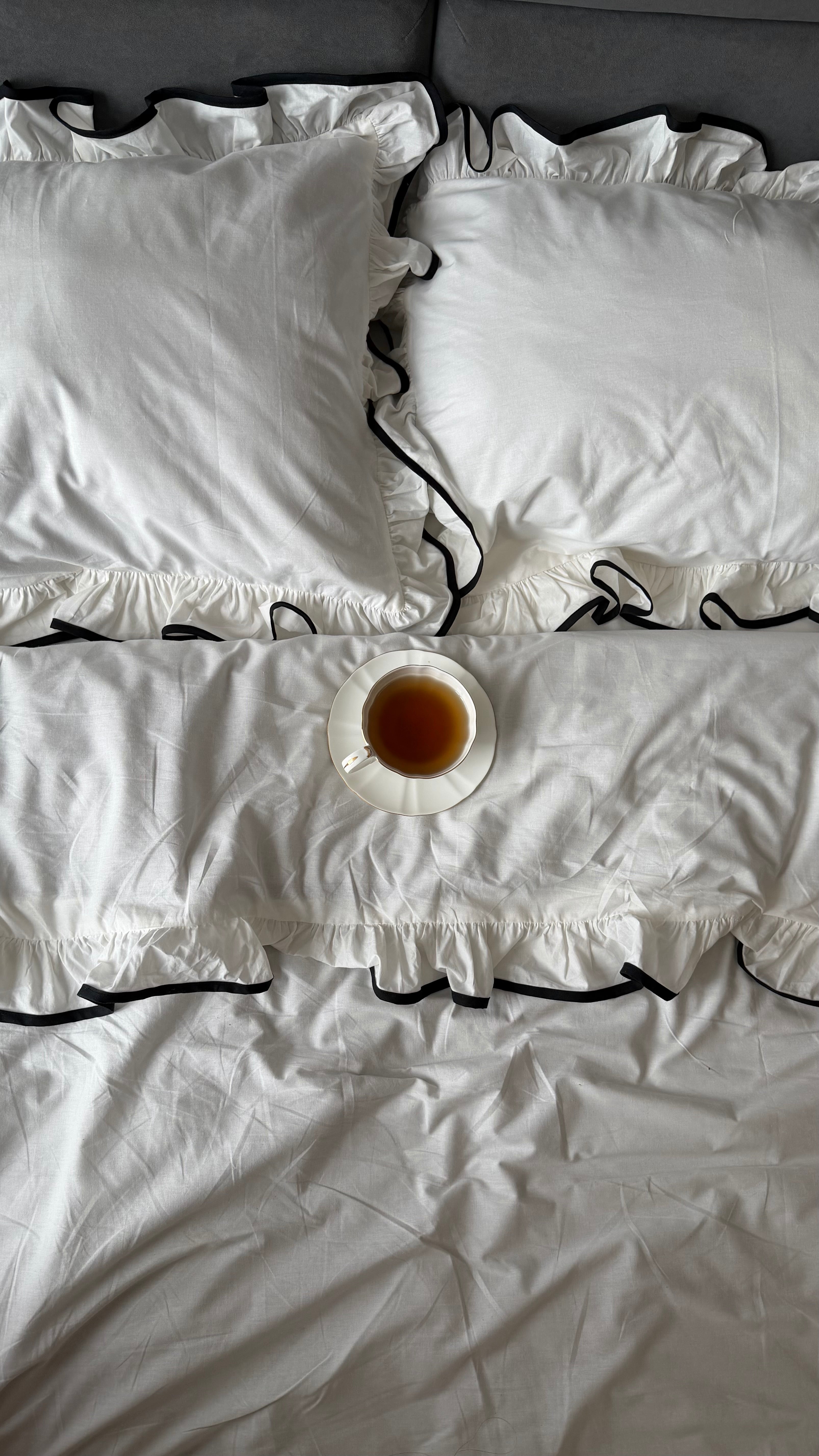 White Ruffle Bedding Set with Black Trim | 100% Cotton | Handmade | Made to Order