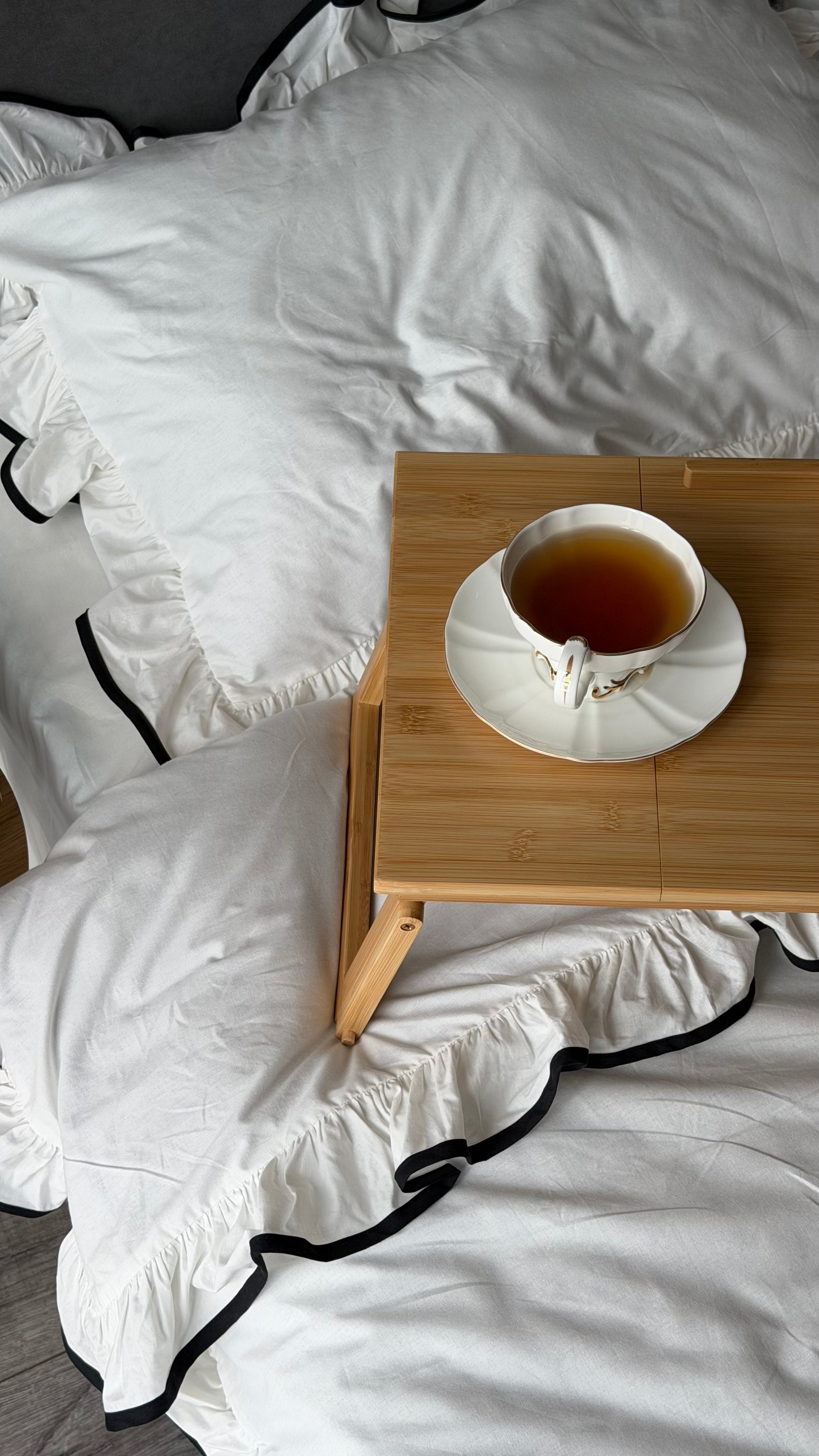 White Ruffle Bedding Set with Black Trim | 100% Cotton | Handmade | Made to Order