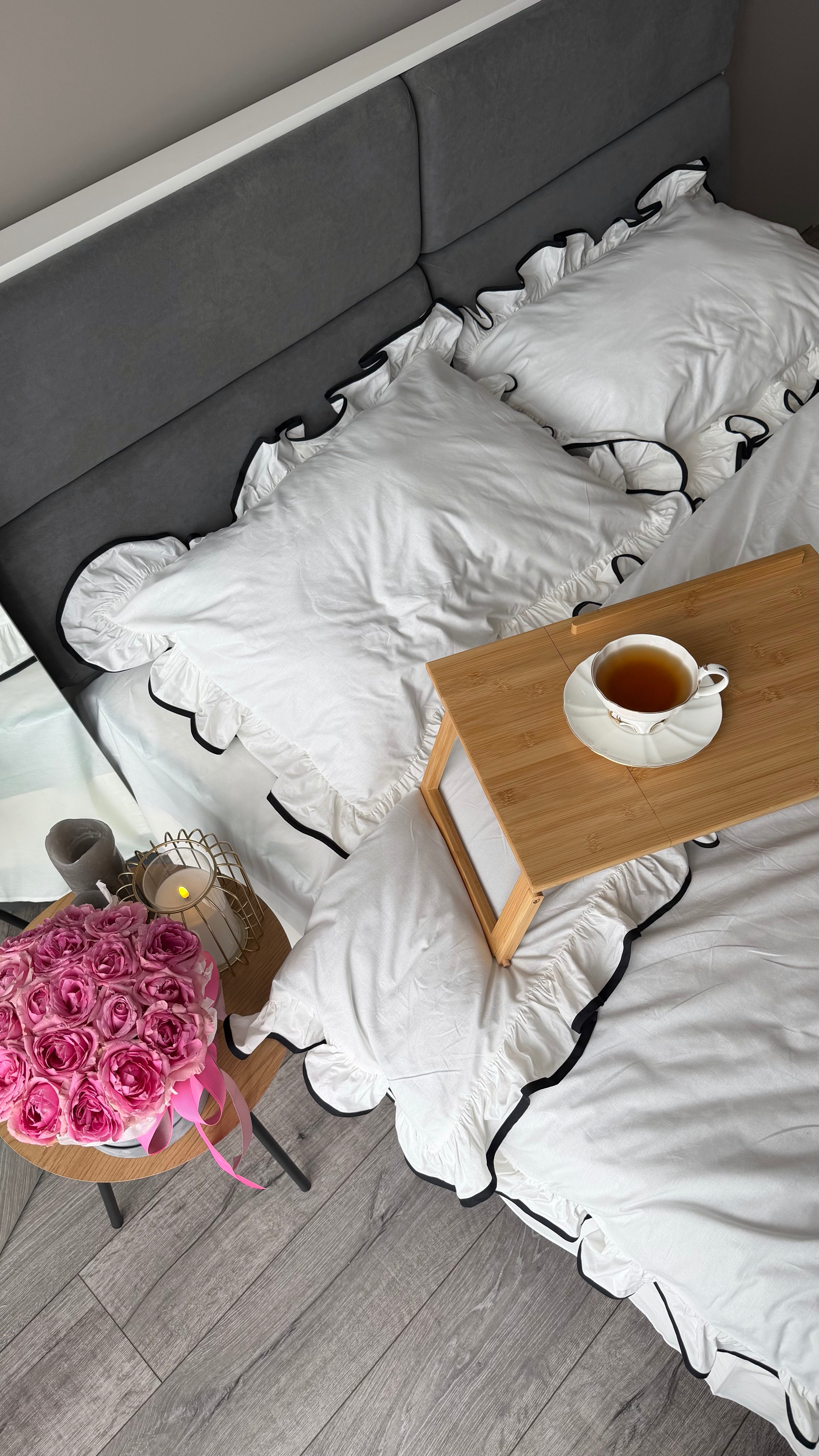 White Ruffle Bedding Set with Black Trim | 100% Cotton | Handmade | Made to Order