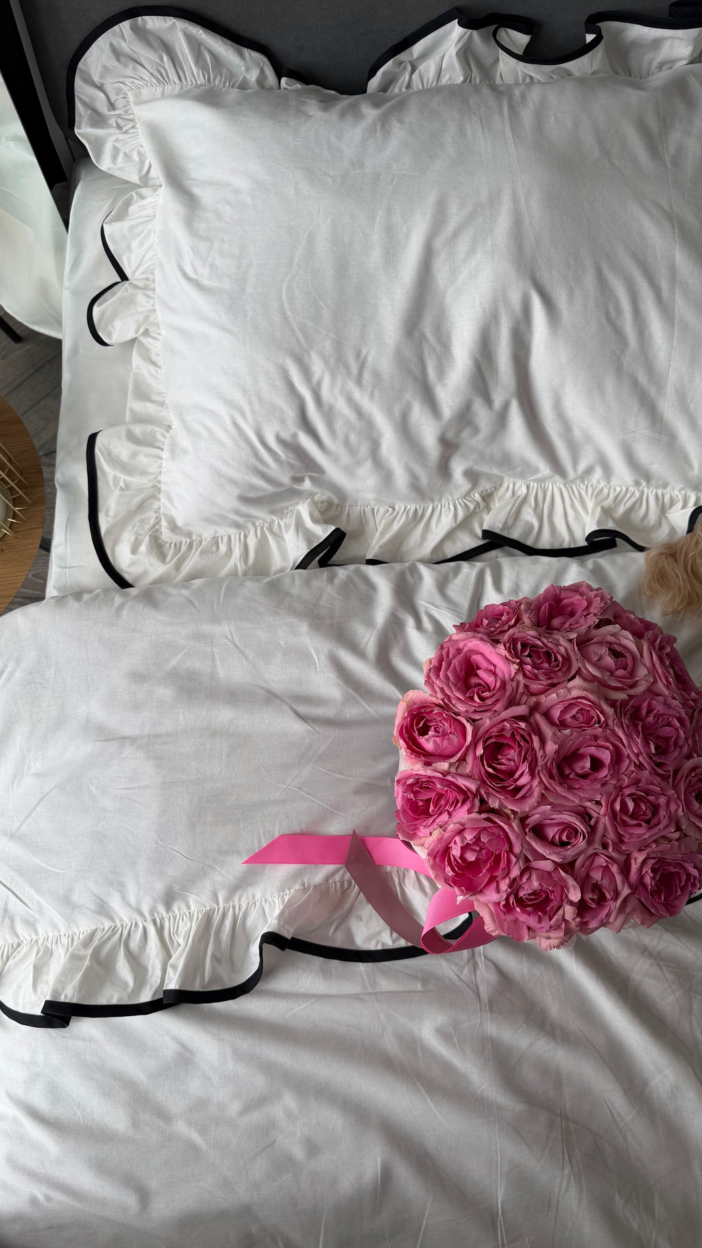 White Ruffle Bedding Set with Black Trim | 100% Cotton | Handmade | Made to Order