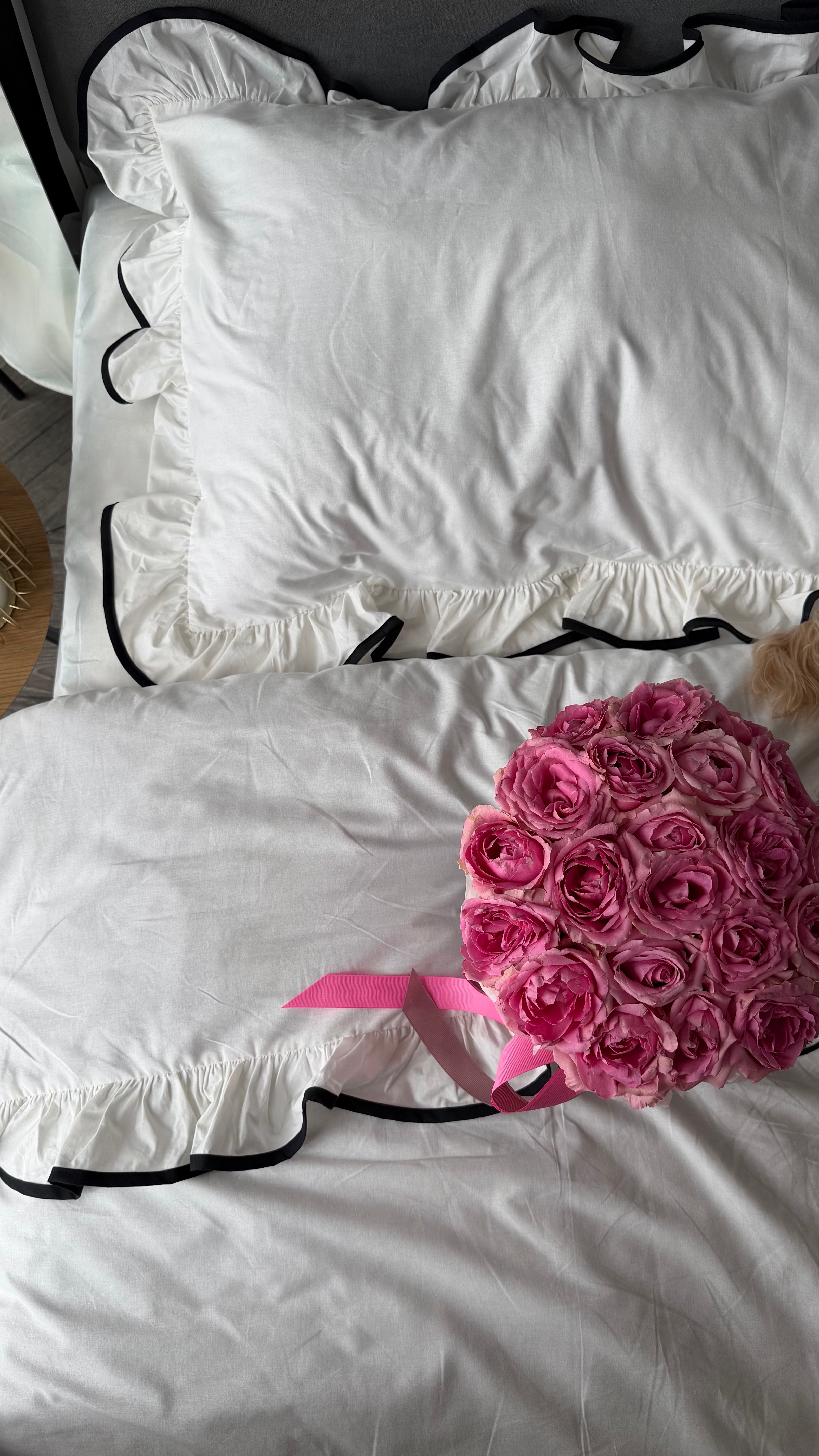 White Ruffle Bedding Set with Black Trim | 100% Cotton | Handmade | Made to Order