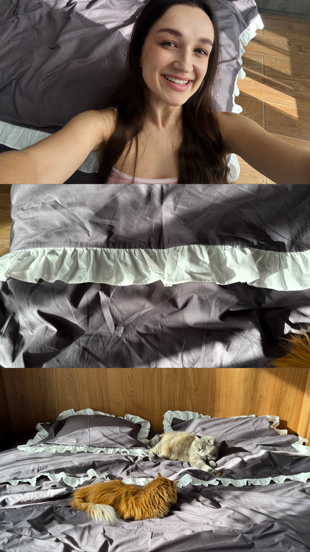 Graphite Gray Ruffle Bedding Set (100% Cotton Ranforce) | White Ruffles | Handmade