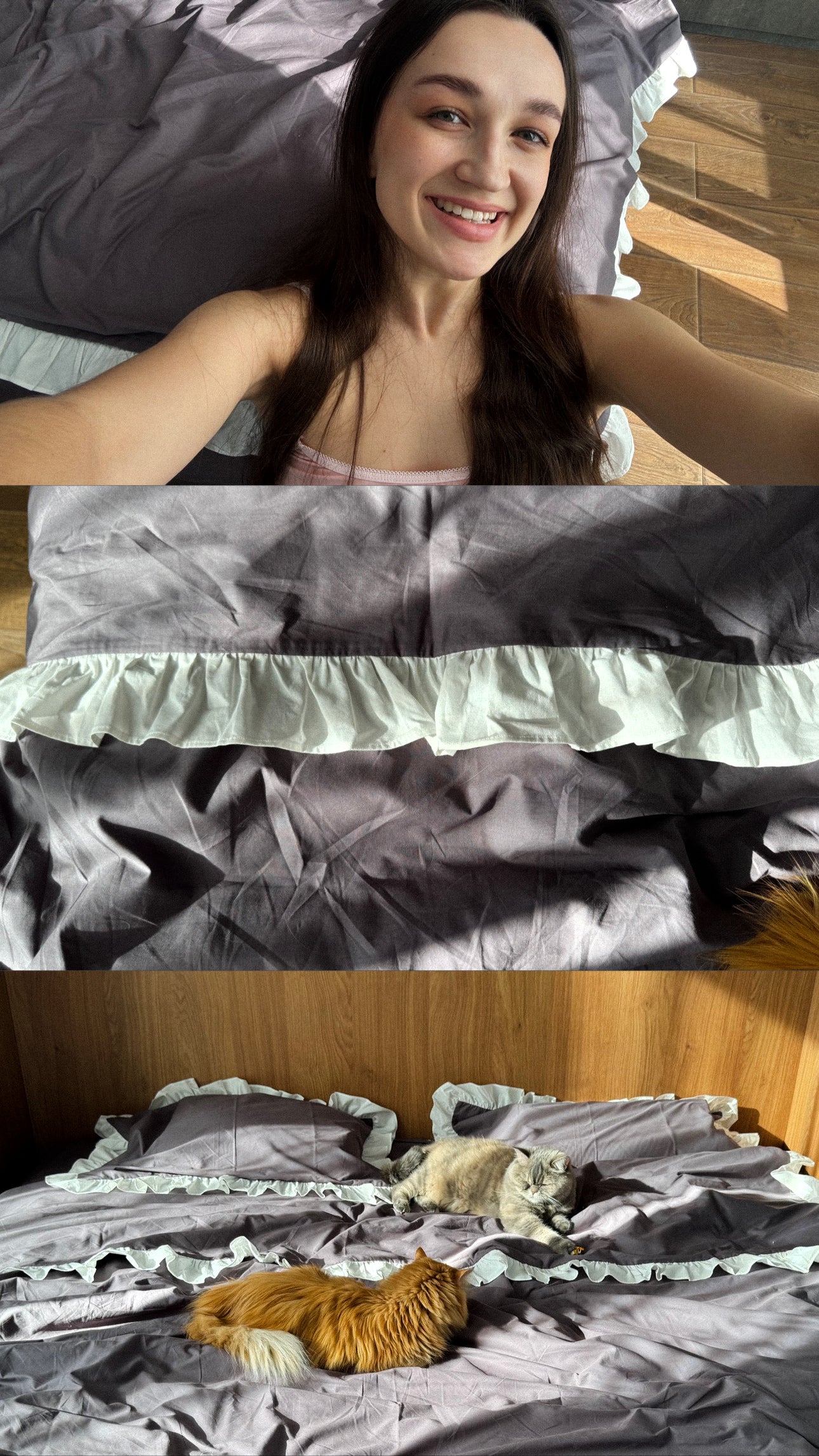 Graphite Gray Ruffle Bedding Set (100% Cotton Ranforce) | White Ruffles | Handmade