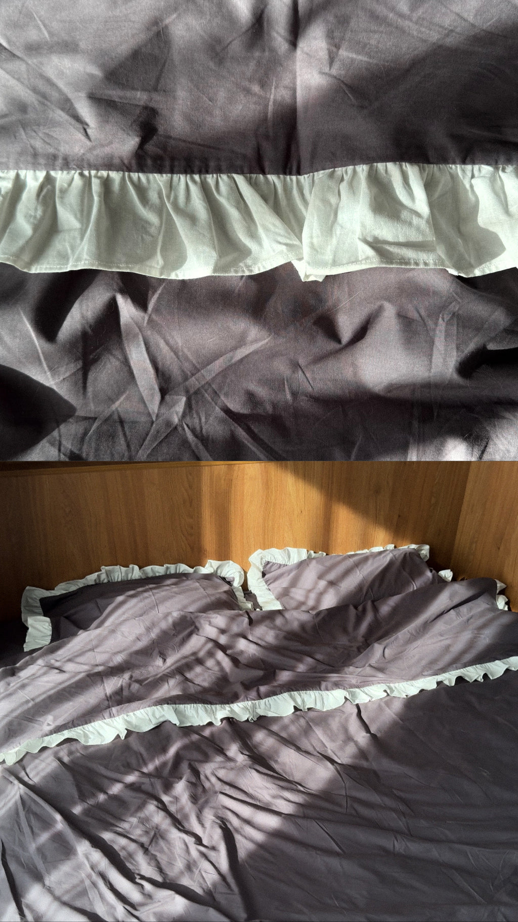 Graphite Gray Ruffle Bedding Set (100% Cotton Ranforce) | White Ruffles | Handmade