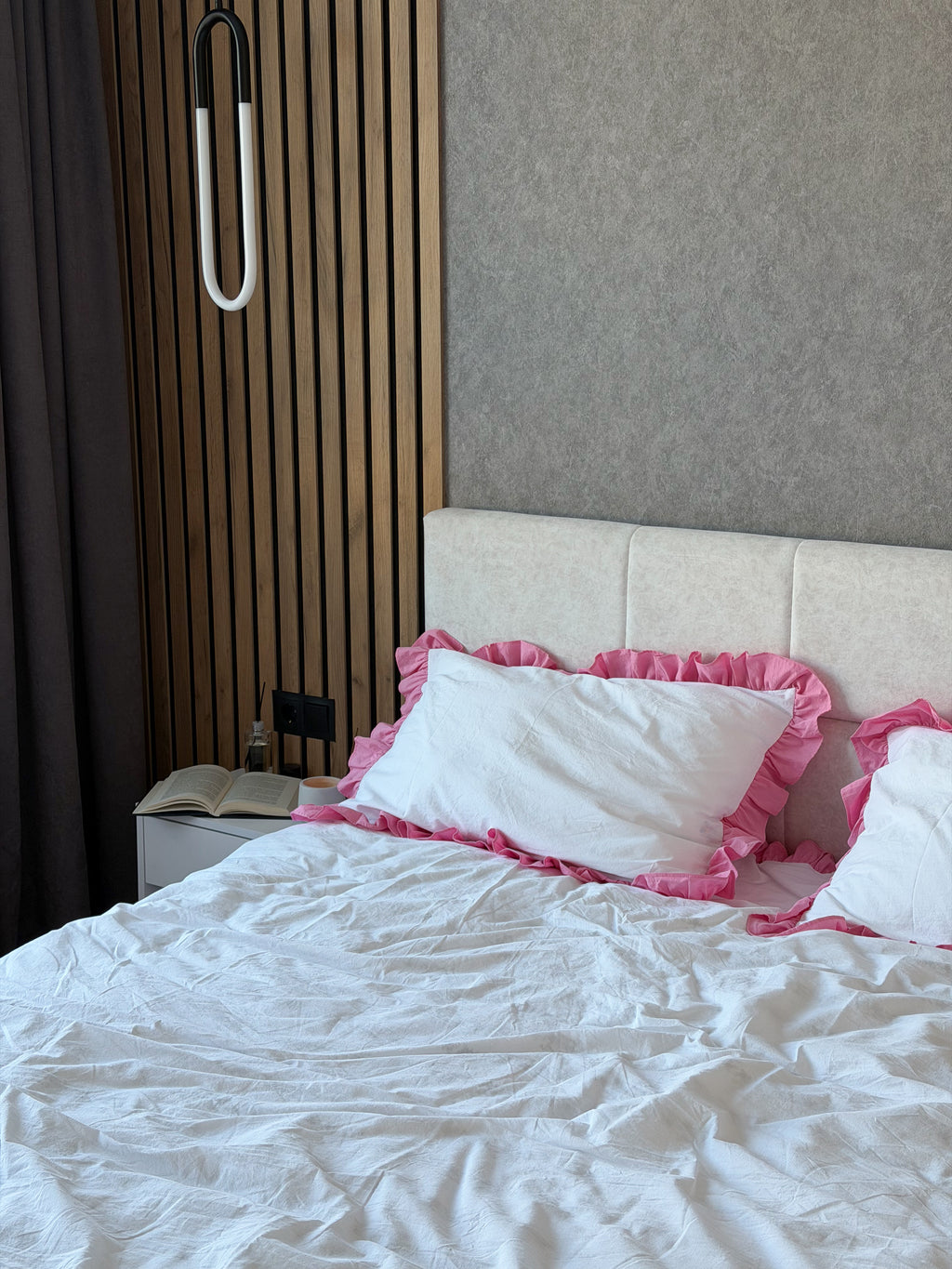 White Washed Cotton Ruffle Bedding Set | Pink Ruffles | Handmade | Made to Order