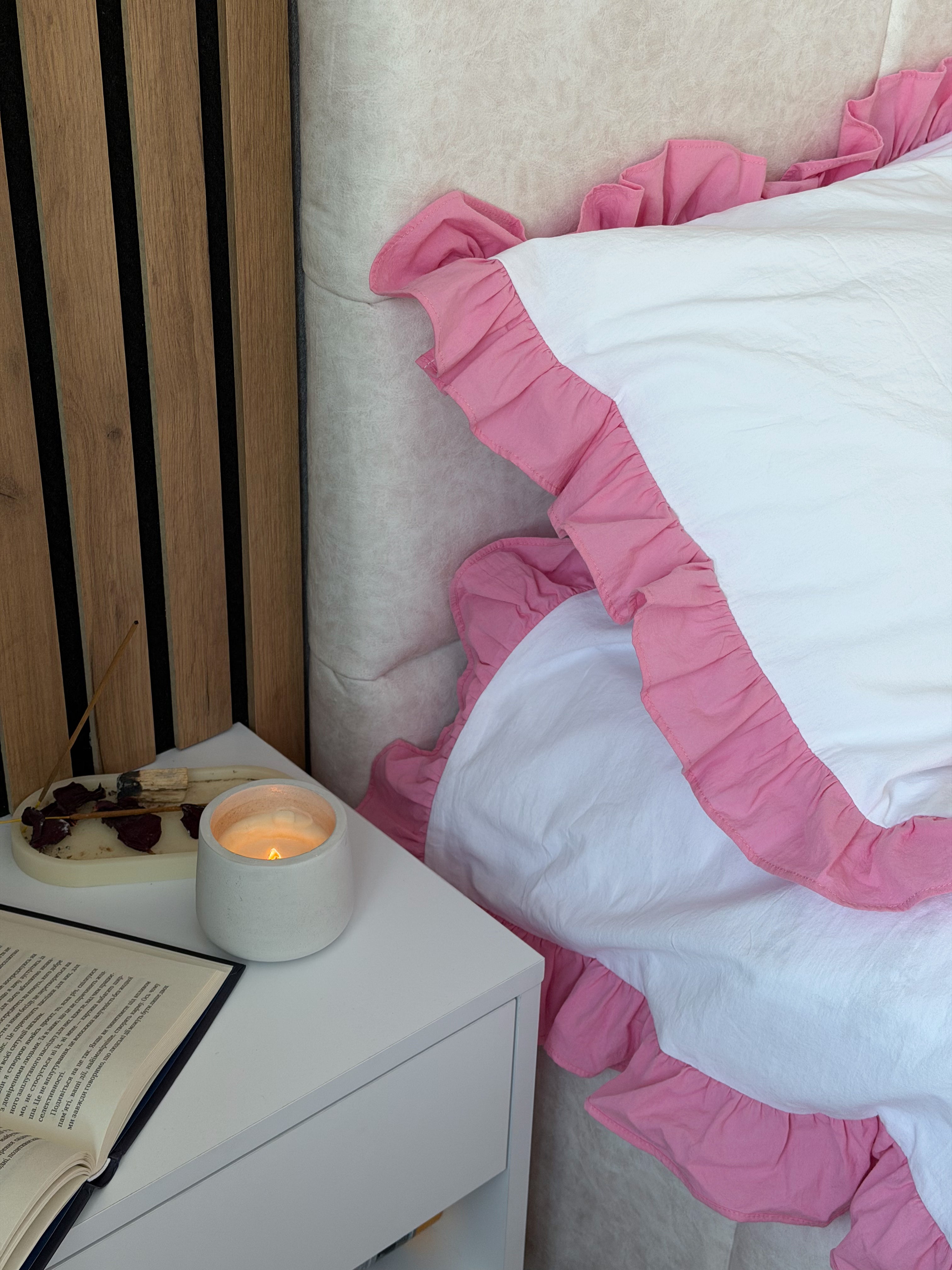 White Washed Cotton Ruffle Bedding Set | Pink Ruffles | Handmade | Made to Order