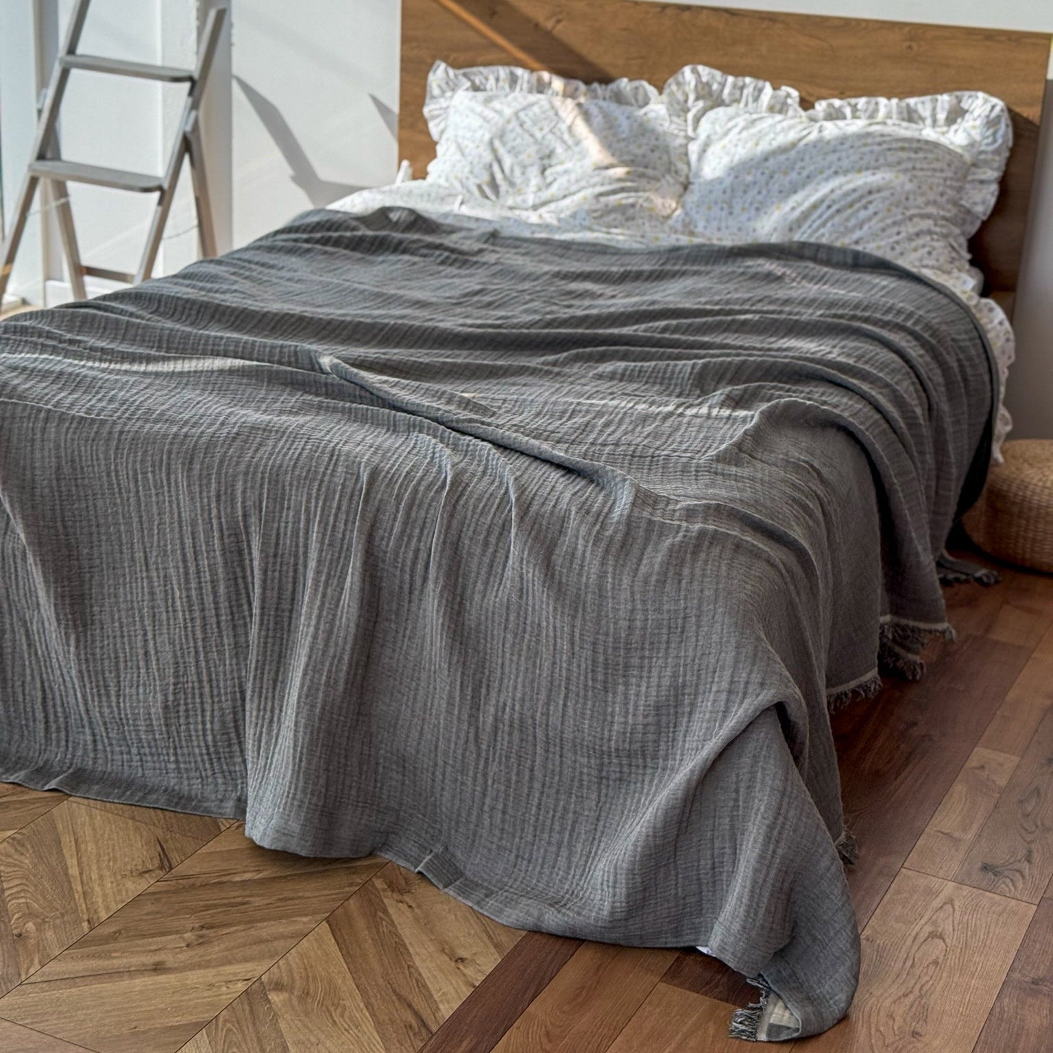 Dark Gray Muslin Throw Blanket / Bed Cover