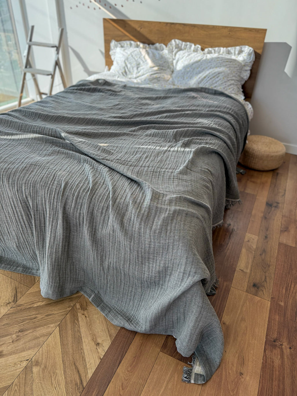 Dark Gray Muslin Throw Blanket / Bed Cover