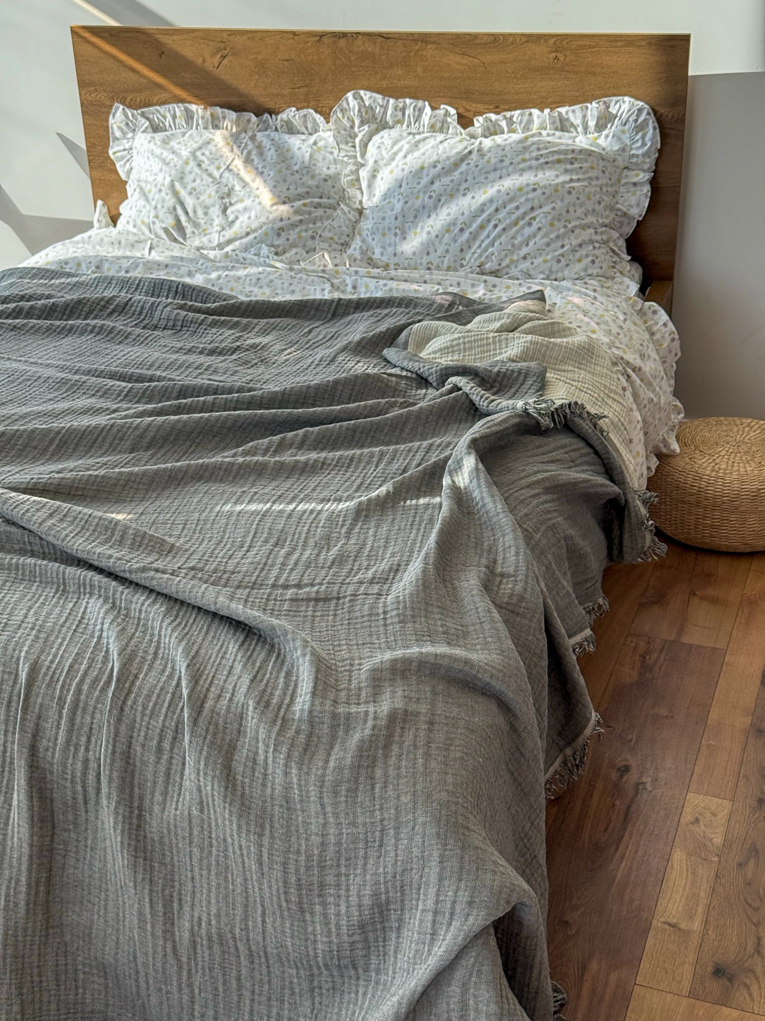 Dark Gray Muslin Throw Blanket / Bed Cover