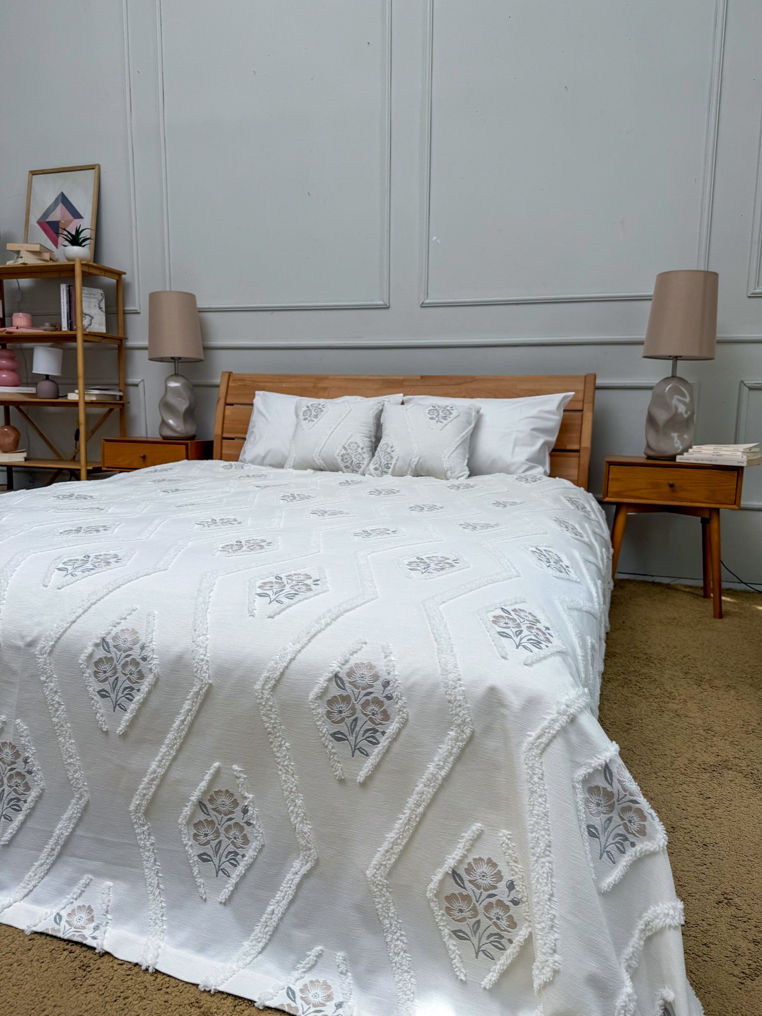 Ivory Patterned Scandinavian Bedspread