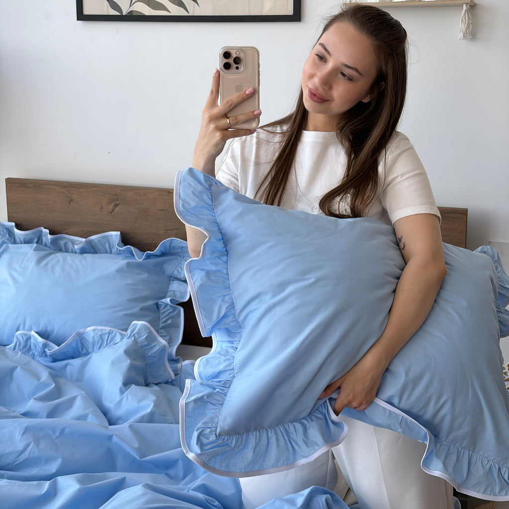 Sky Blue Ruffle Cotton Bedding Set