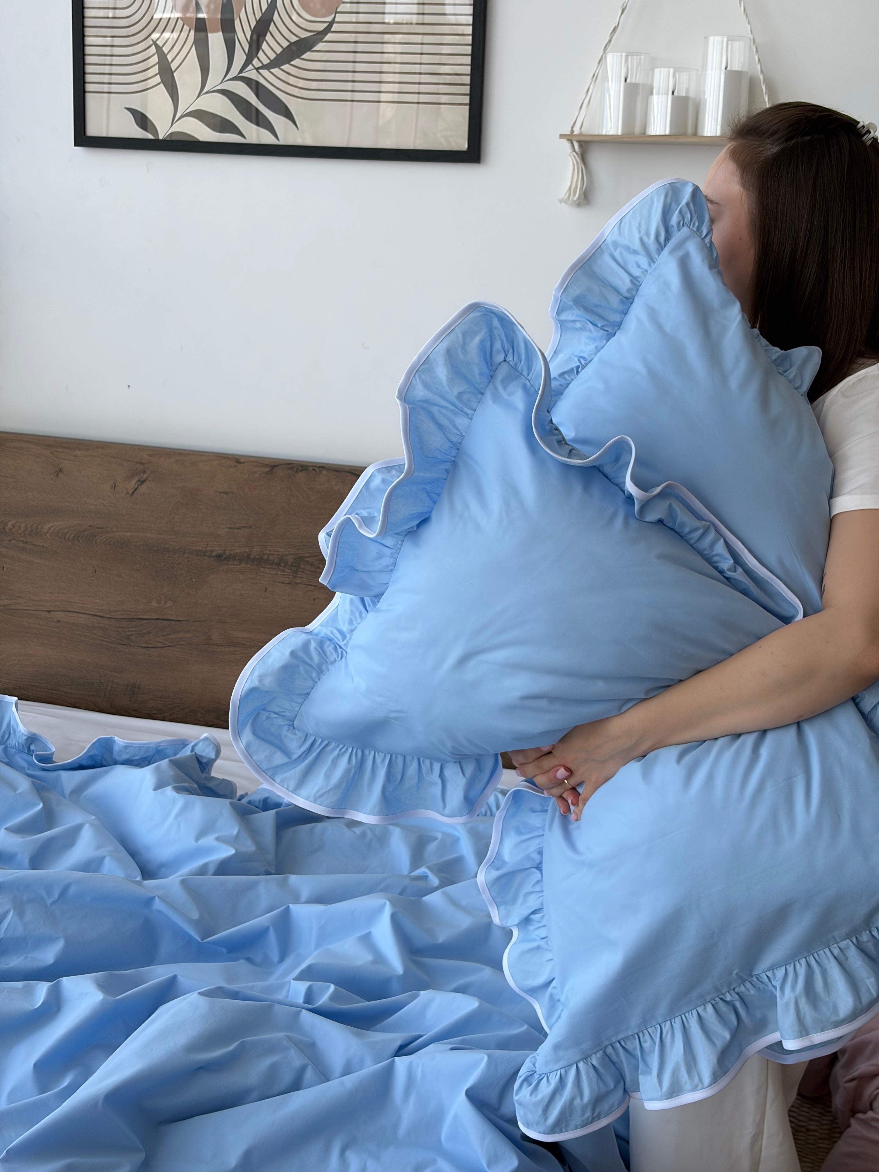 Sky Blue Ruffle Cotton Bedding Set