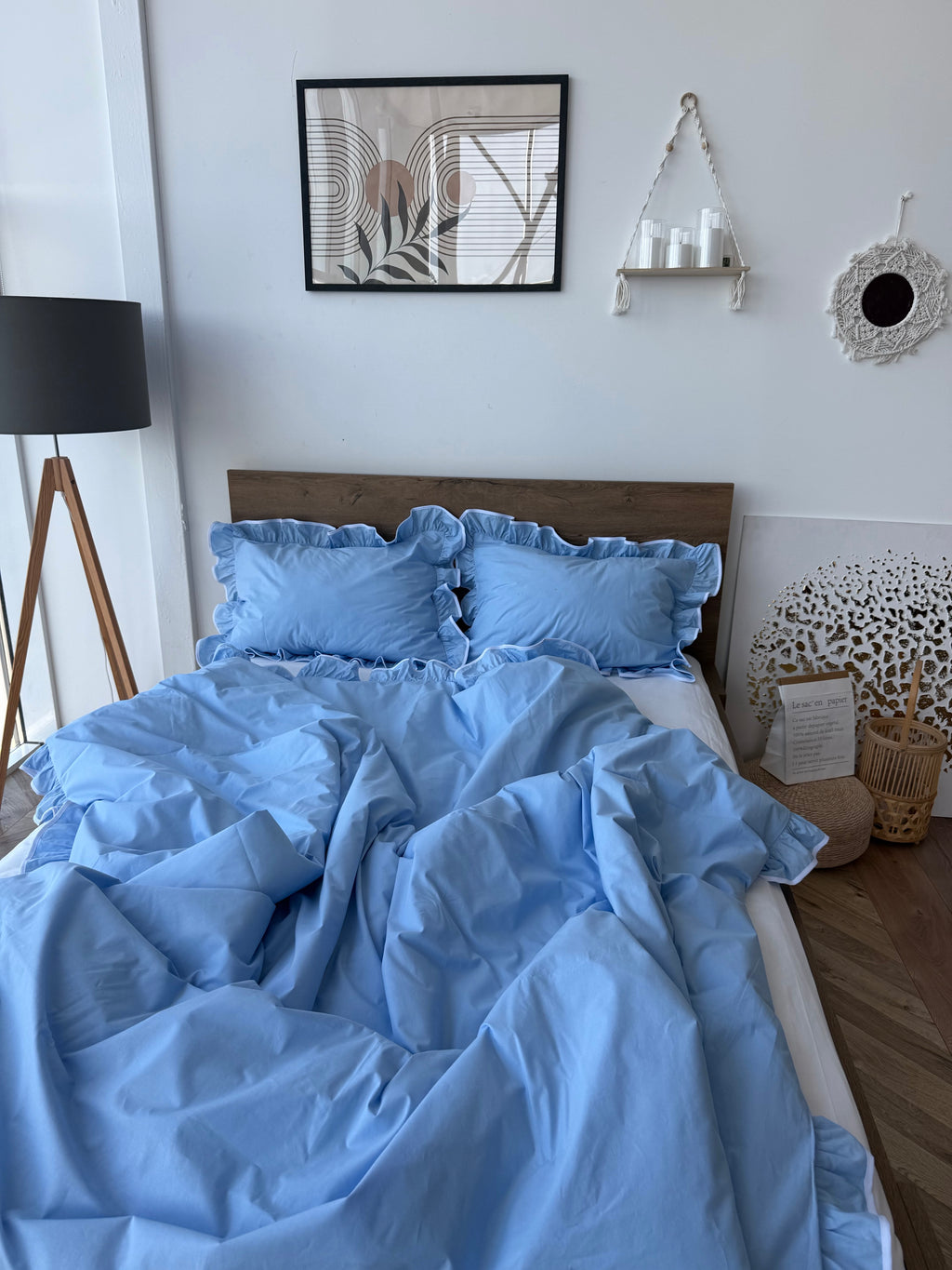 Sky Blue Ruffle Cotton Bedding Set