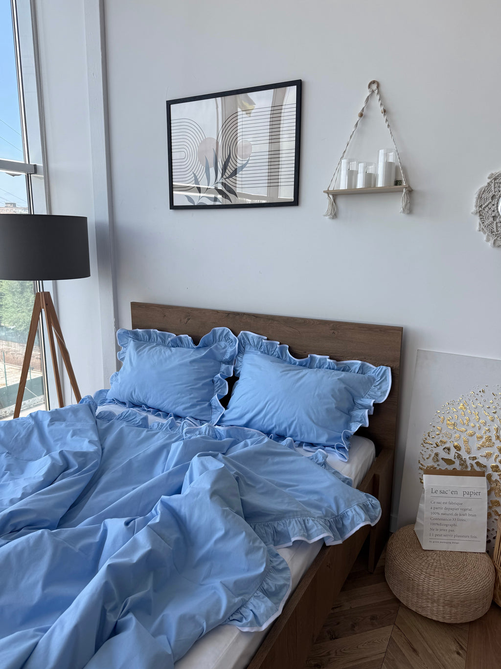 Sky Blue Ruffle Cotton Bedding Set