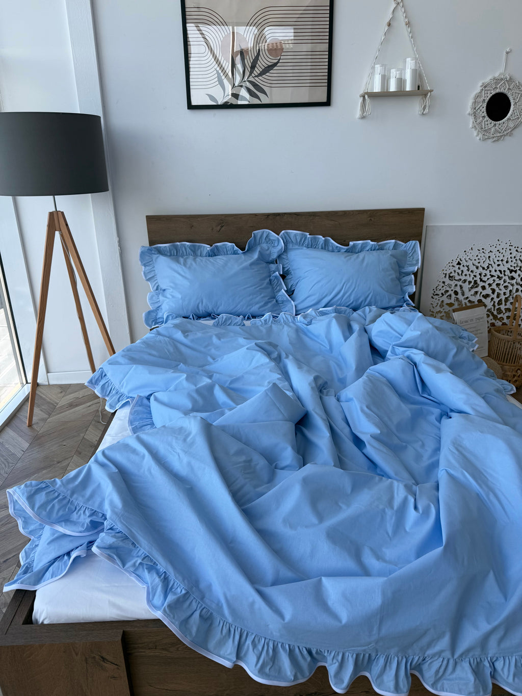 Sky Blue Ruffle Cotton Bedding Set