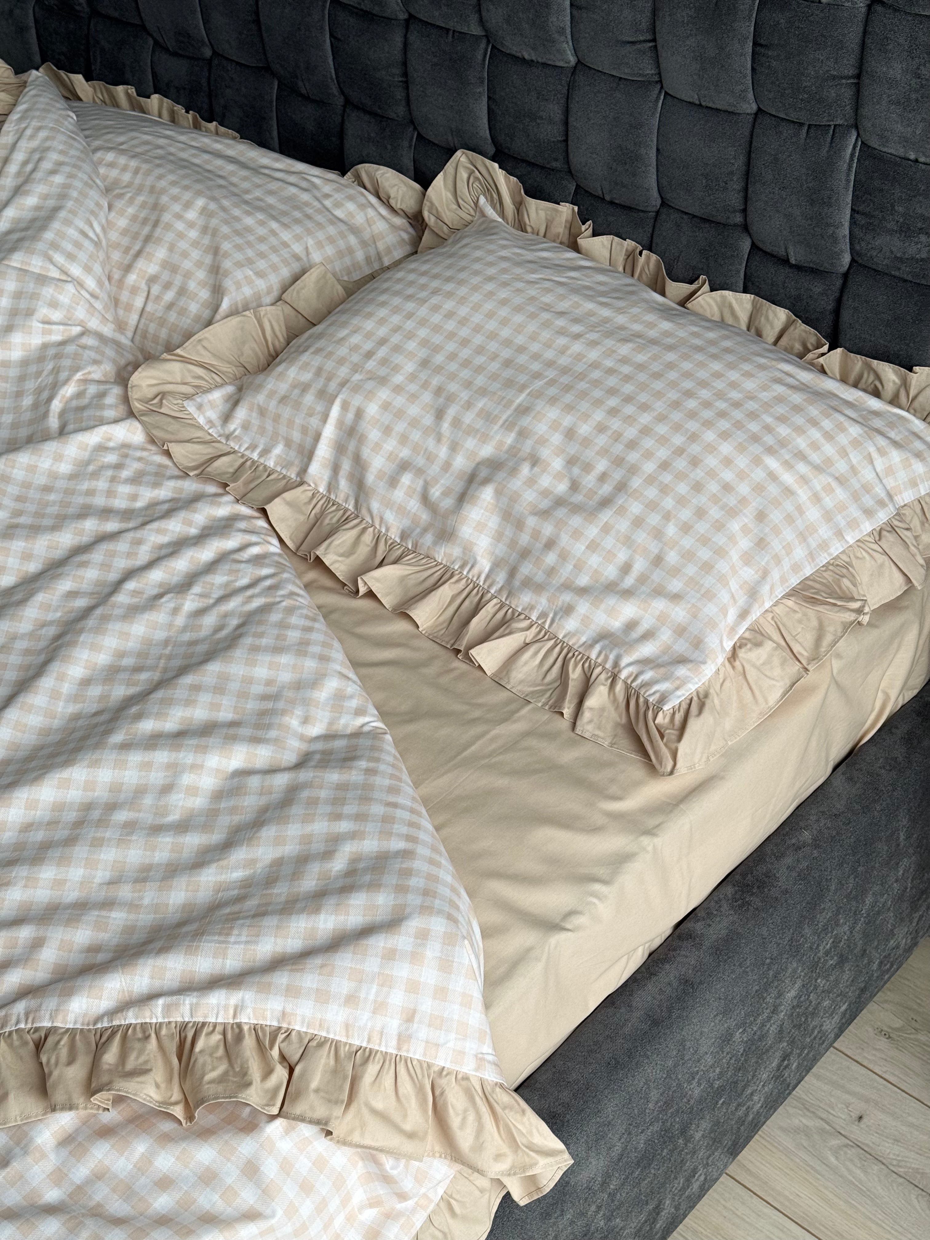 Beige Gingham Ruffle Bedding Set