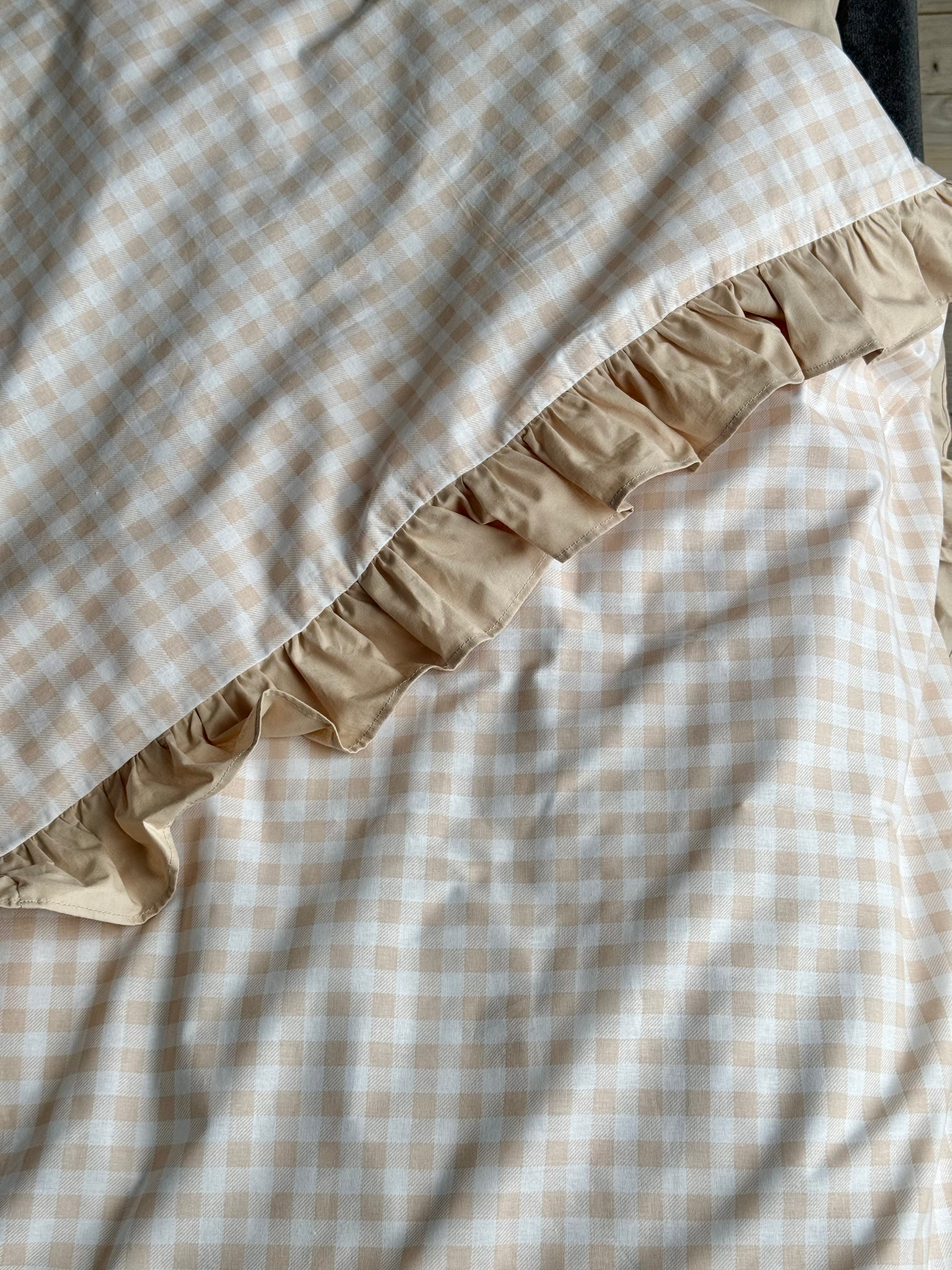 Beige Gingham Ruffle Bedding Set