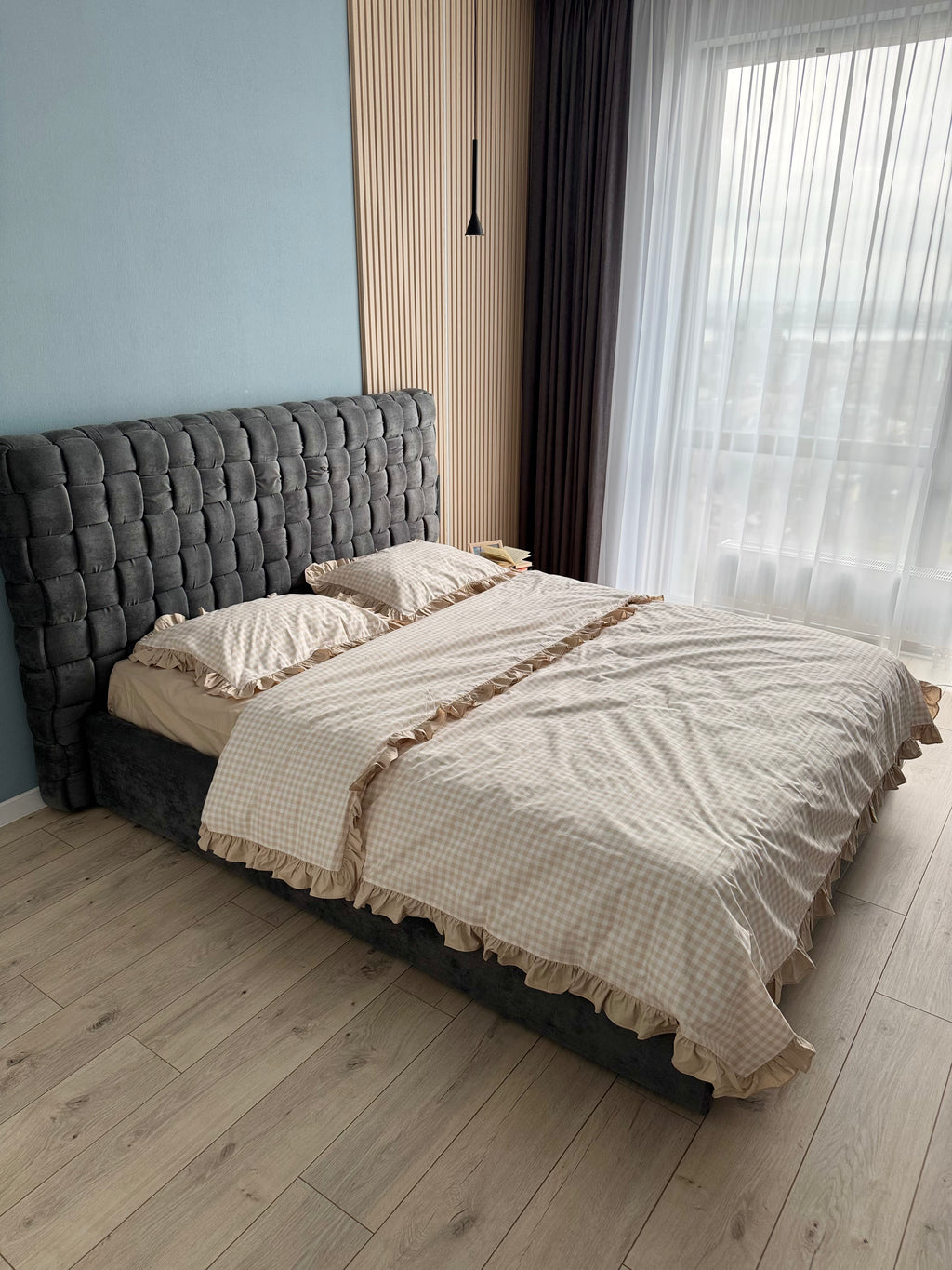 Beige Gingham Ruffle Bedding Set