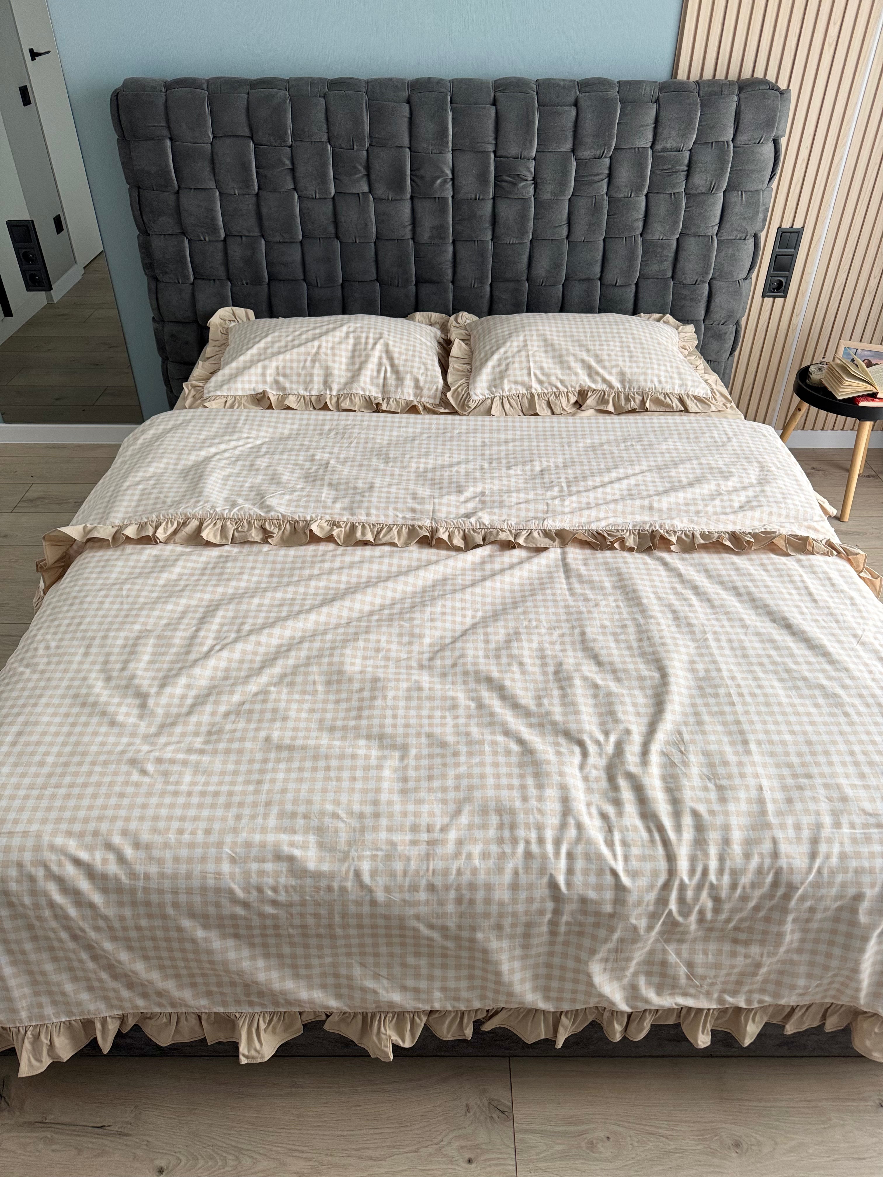 Beige Gingham Ruffle Bedding Set