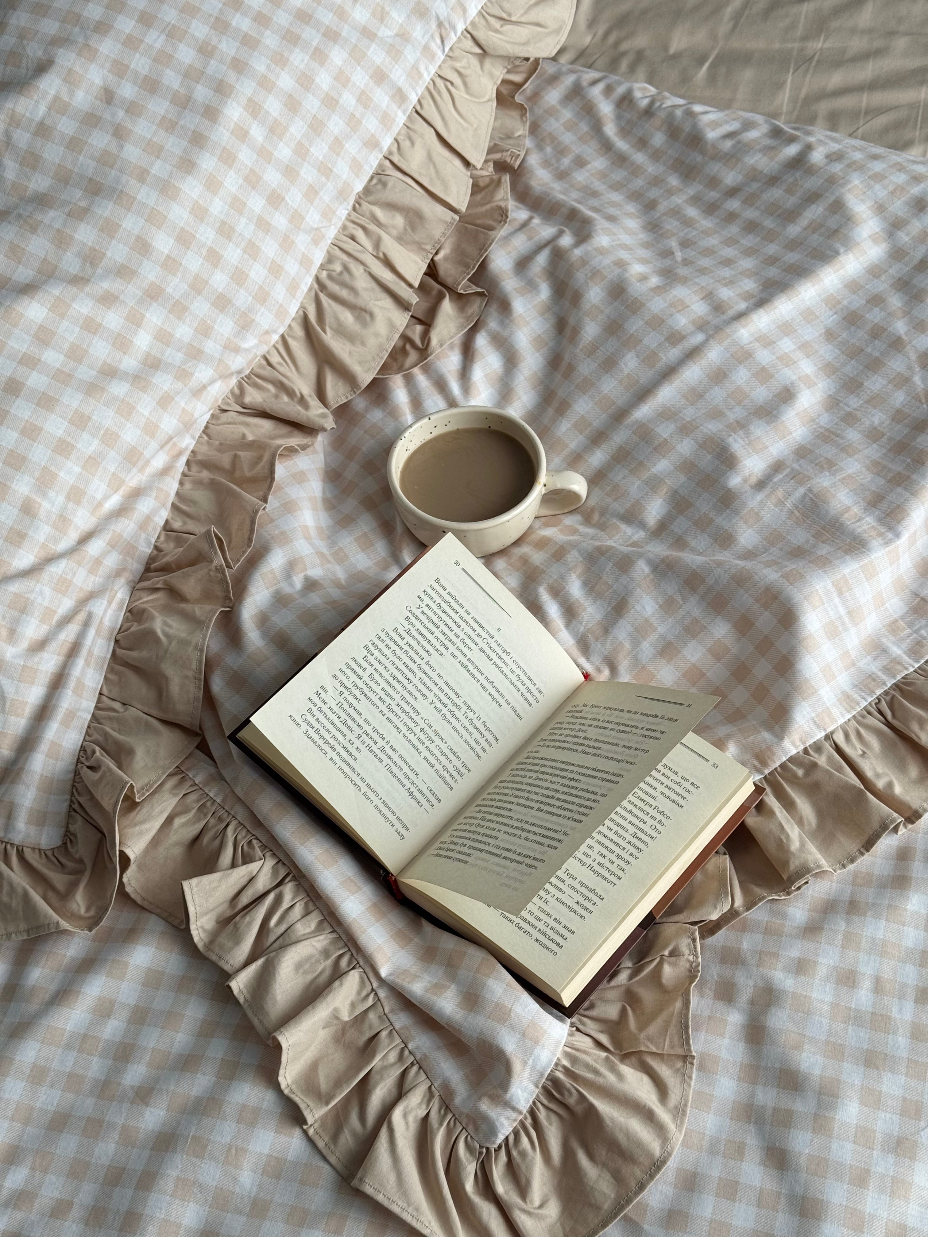 Beige Gingham Ruffle Bedding Set