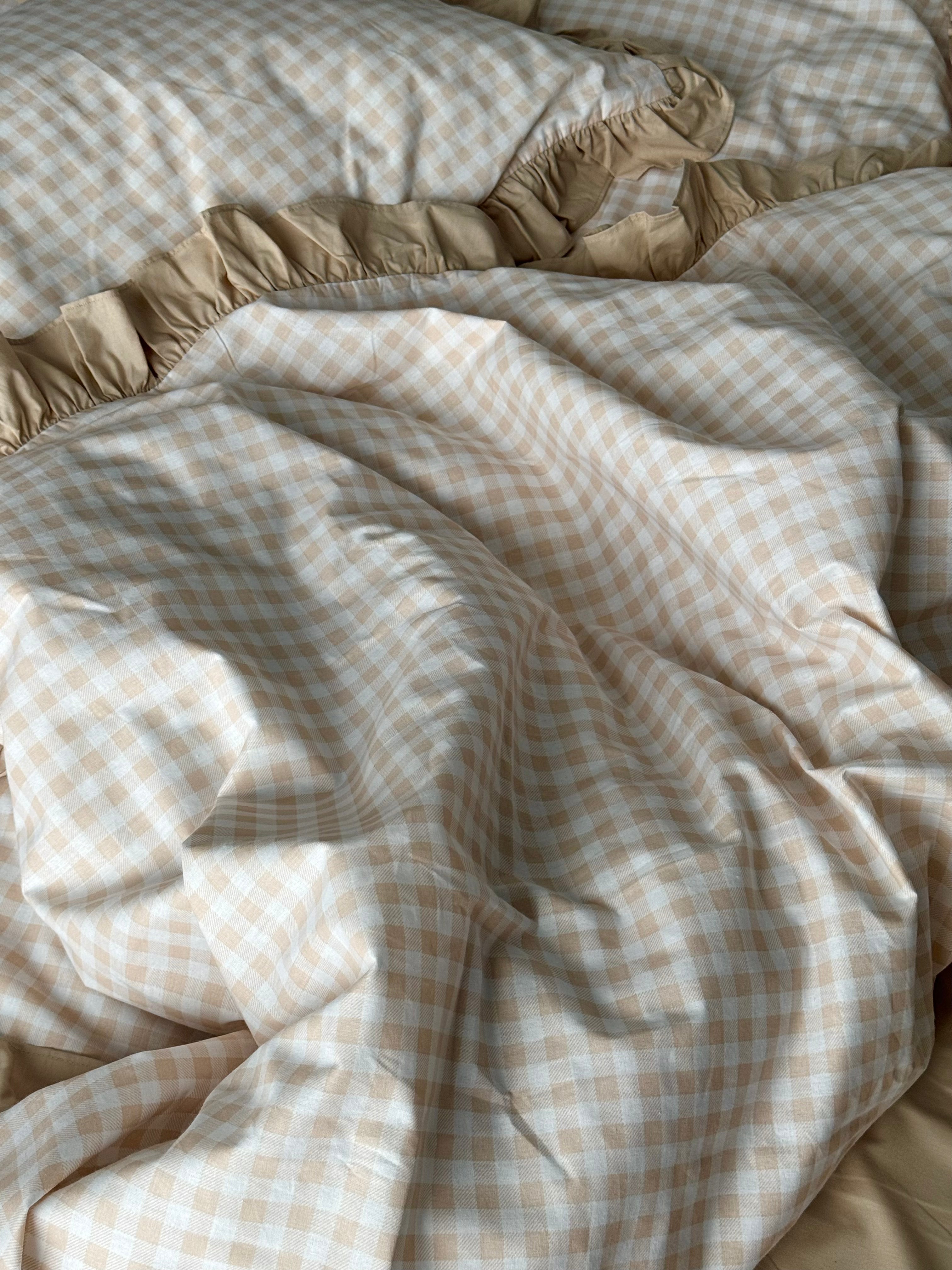 Beige Gingham Ruffle Bedding Set