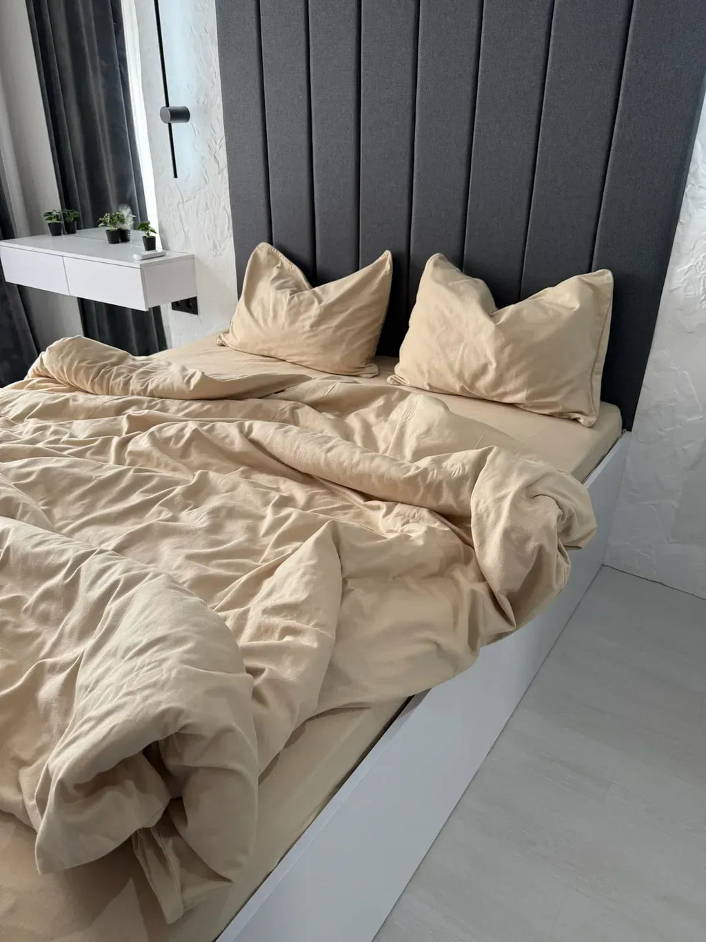 Beige Cotton Flannel Duvet Cover Set with Pillowcase Trim — photo 2