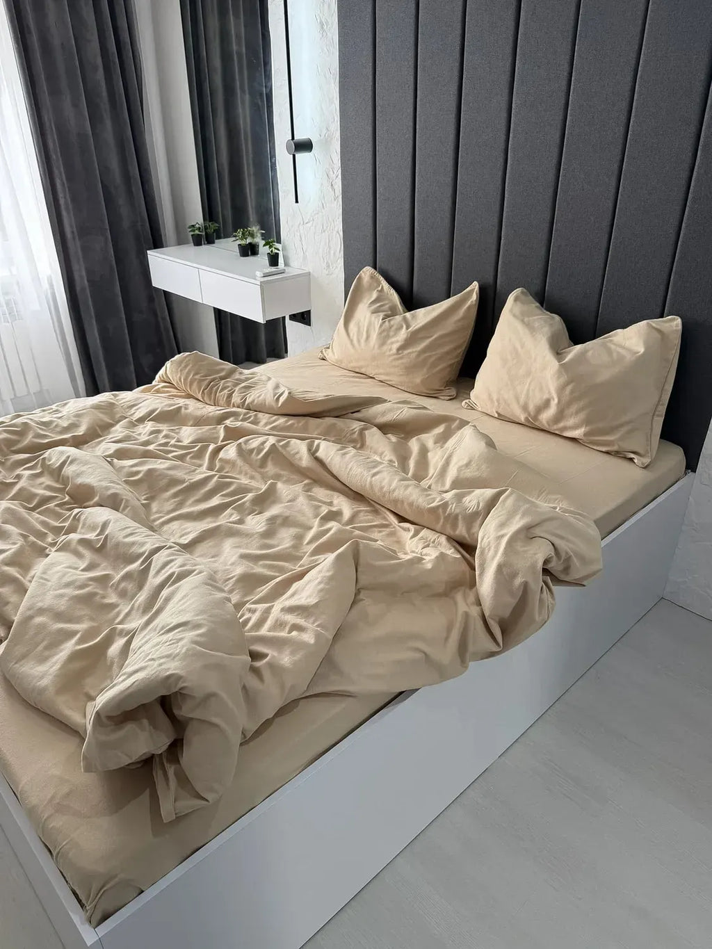 Beige Cotton Flannel Duvet Cover Set with Pillowcase Trim — photo 9