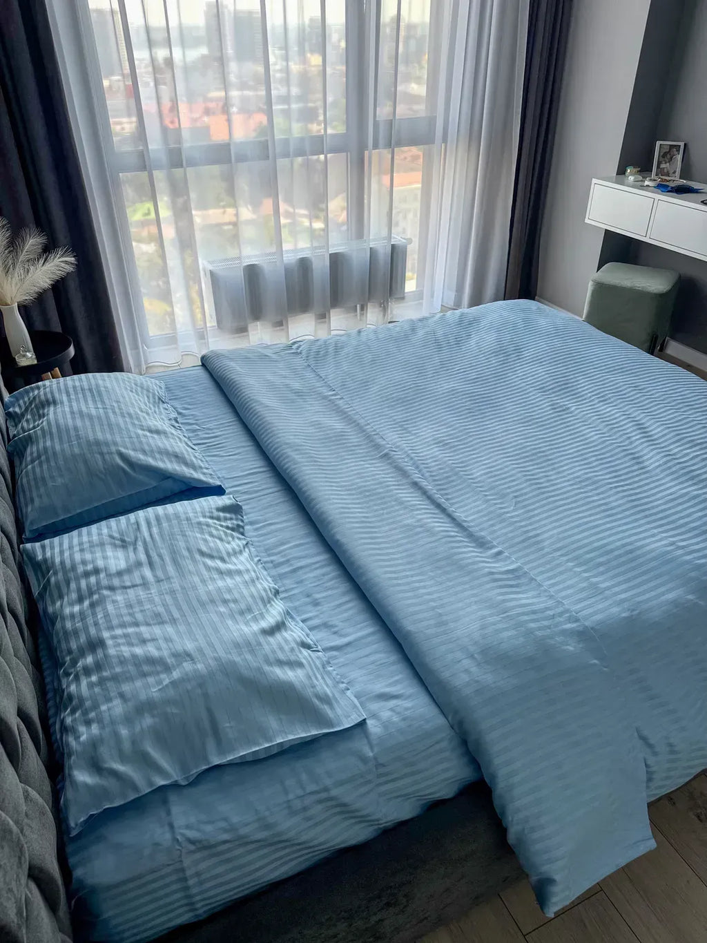 Sky Blue Cotton Stripe Sateen Duvet Cover Set — photo 4