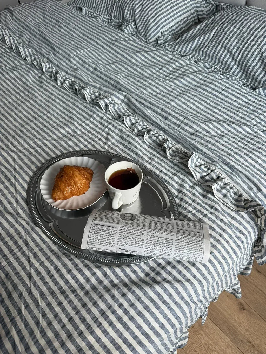 Cream Washed Cotton Duvet Cover Set with Striped Ruffles — photo 10