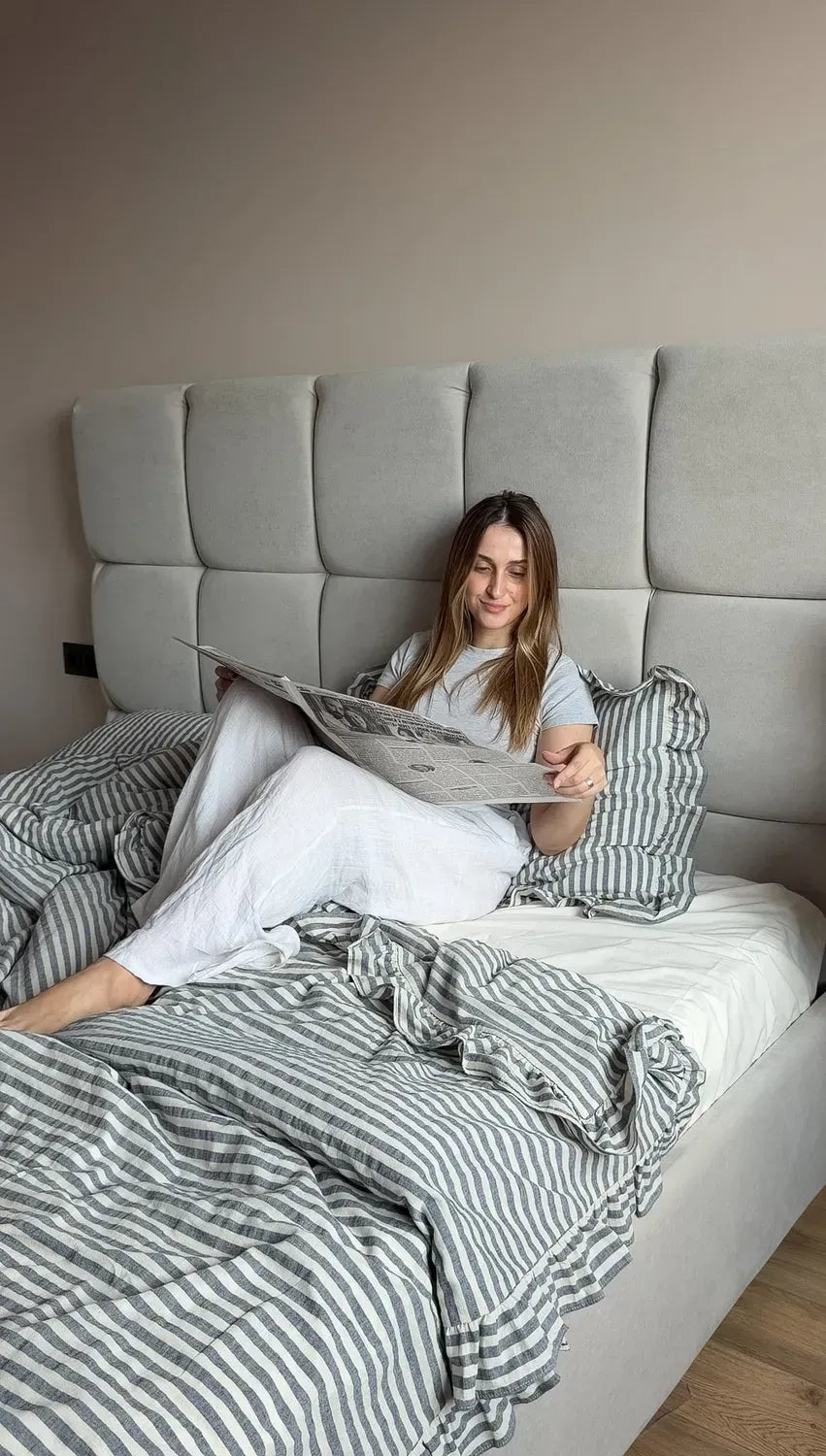 Cream Washed Cotton Duvet Cover Set with Striped Ruffles — photo 6