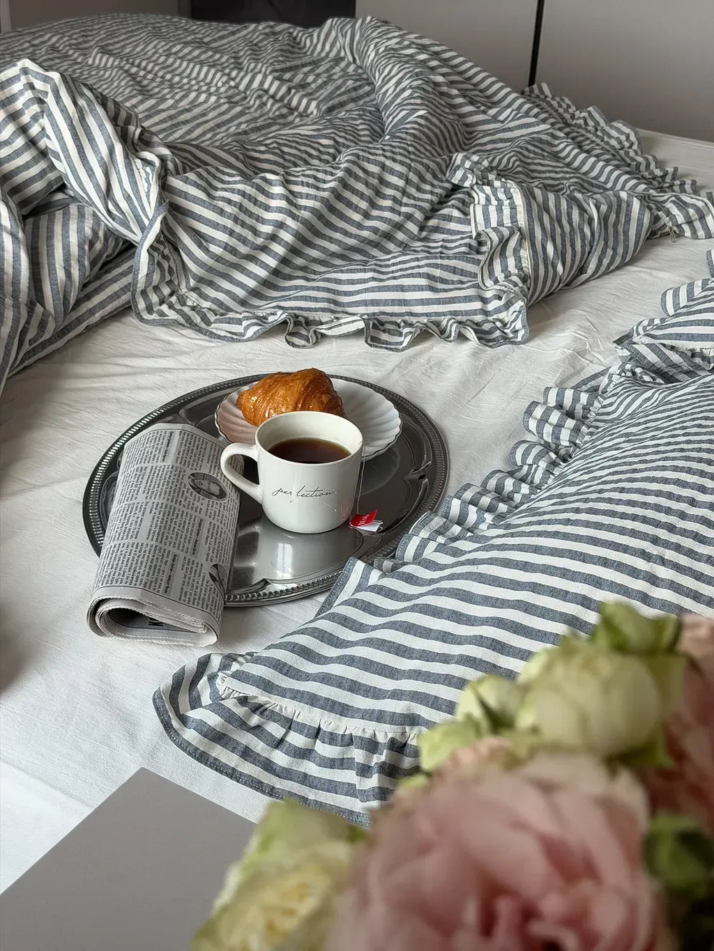 Cream Washed Cotton Duvet Cover Set with Striped Ruffles — photo 8