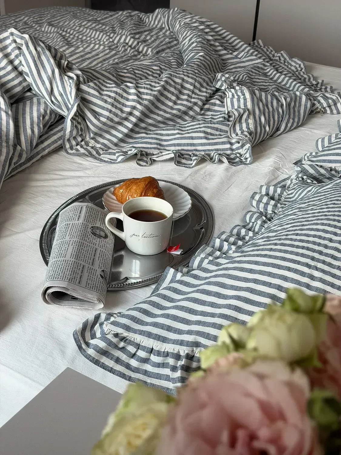 Cream Washed Cotton Duvet Cover Set with Striped Ruffles — photo 8