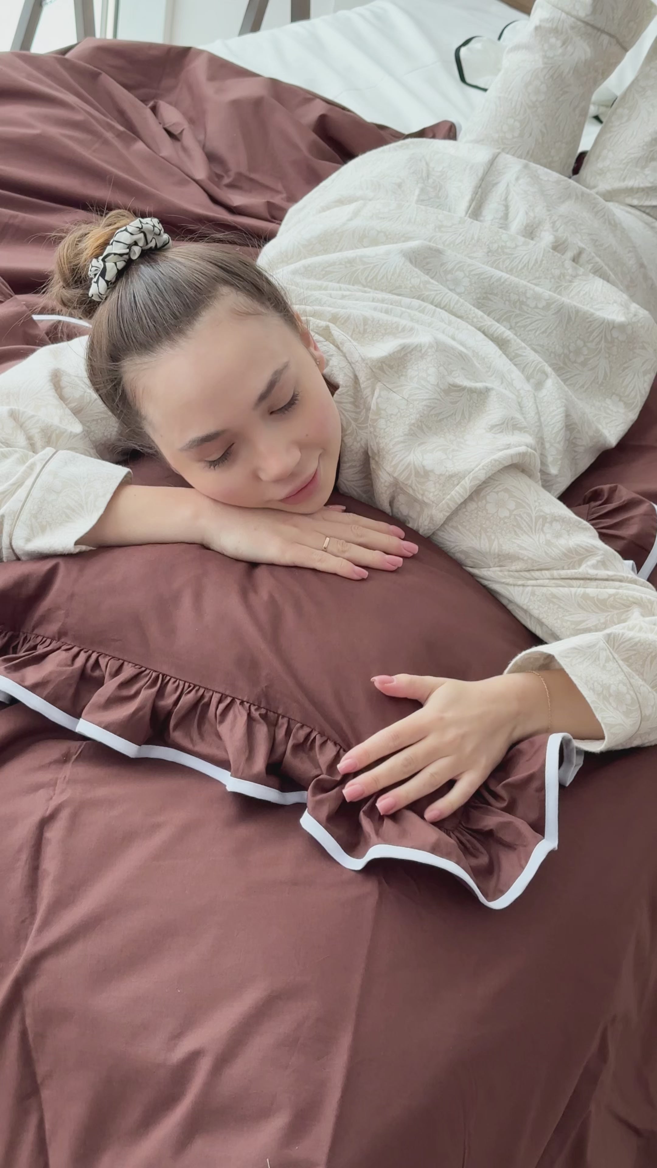 Brown Ruffle Bedding Set with White Trim