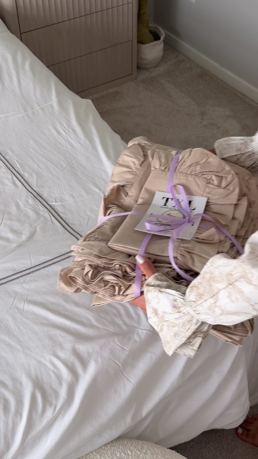 Beige Cotton Ranforce Ruffle Bedding Set