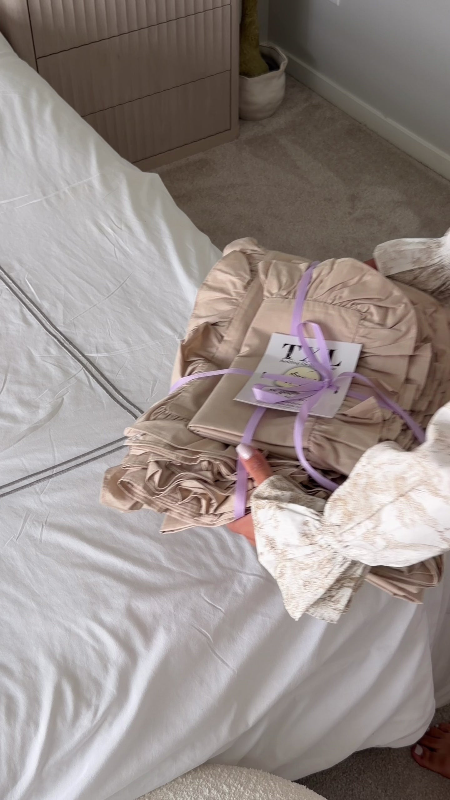 Beige Cotton Ranforce Ruffle Bedding Set