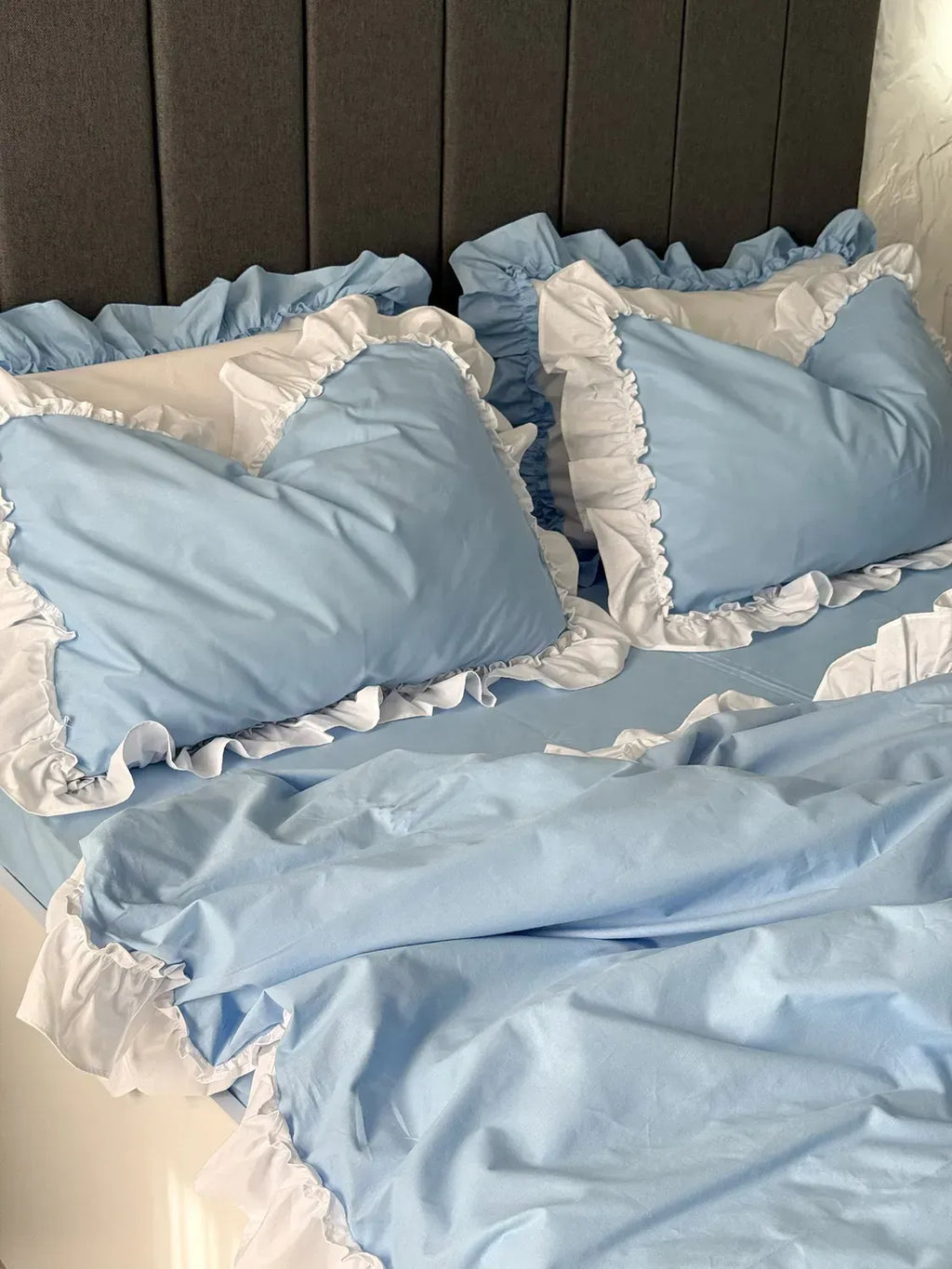 Sky Blue & White Ranforce Cotton Ruffle Duvet Cover Set — photo 3