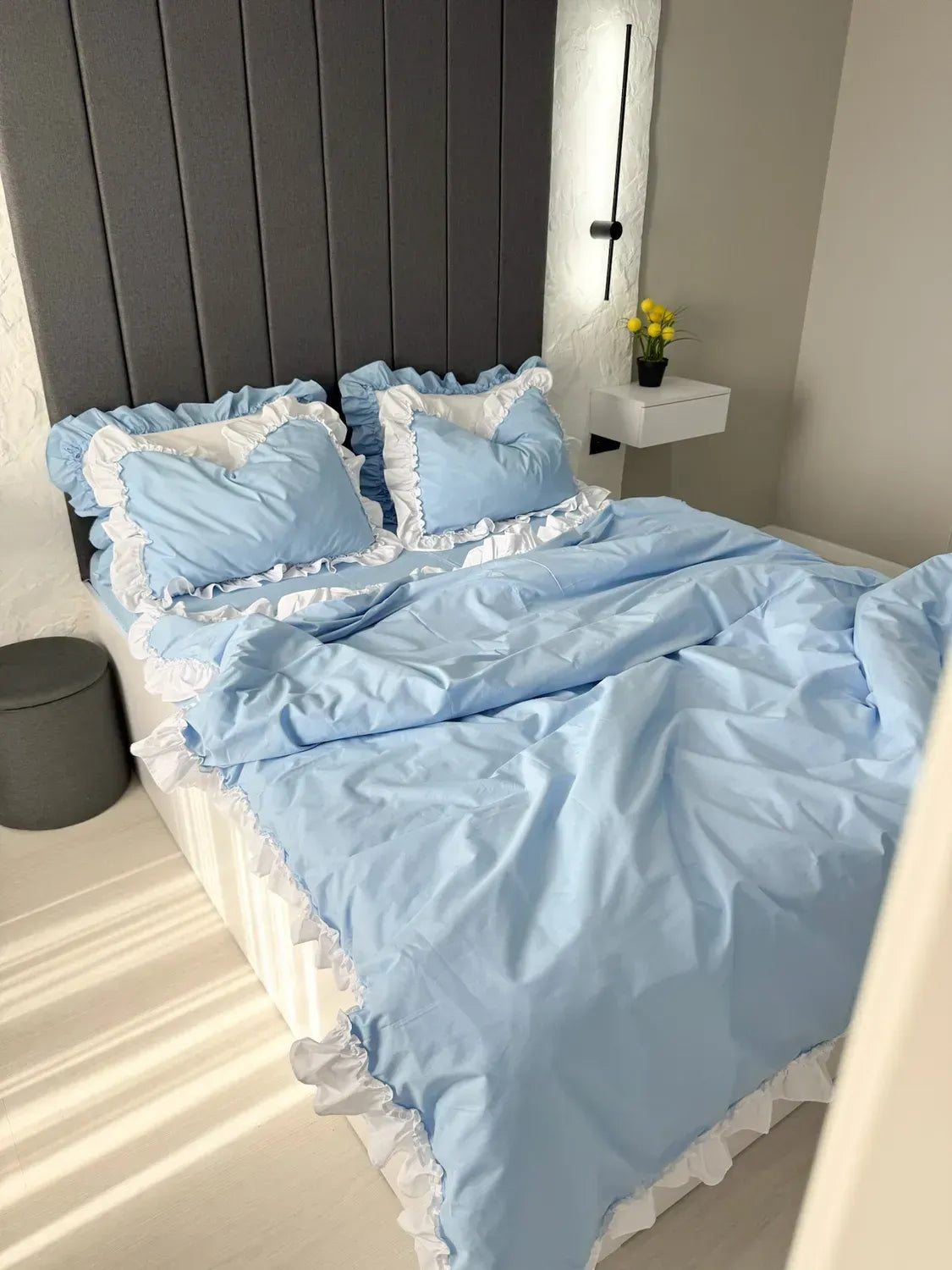 Sky Blue & White Ranforce Cotton Ruffle Duvet Cover Set — photo 6